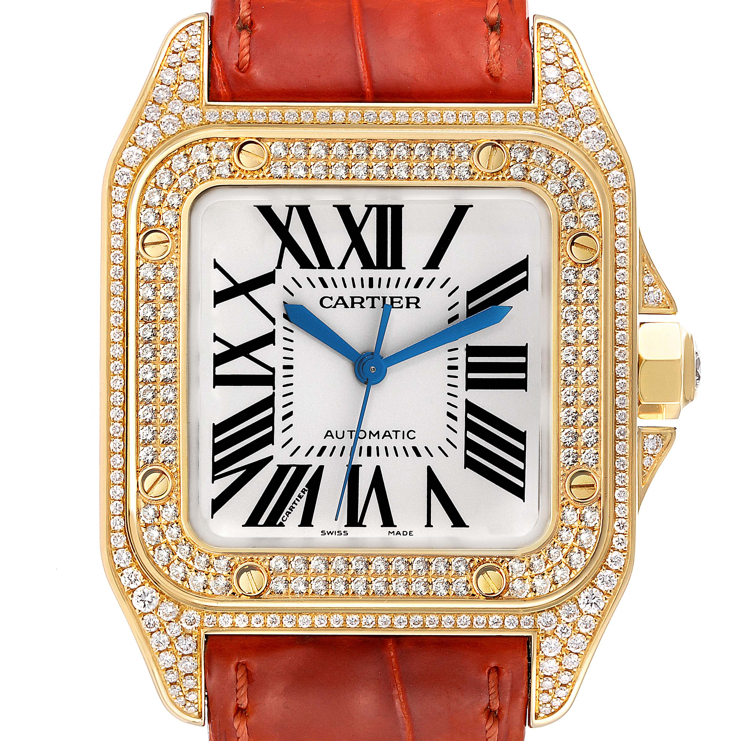 This Cartier Santos WM502051 Men
s Yellow Gold Silver Dial WM502051 Men
s Yellow Gold Silver Dial model watch is shown from a front angle, displaying its diamond-studded bezel, dial, hands, and part of the leather strap.
