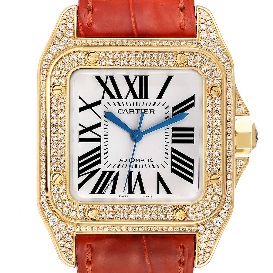 Cartier Santos 100 Midsize Yellow Gold Diamond Mens Watch WM502051 SwissWatchExpo
