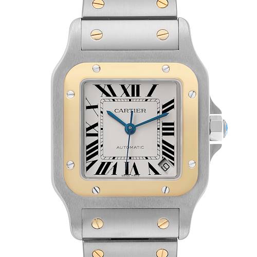The Cartier Santos W20099C4 Men's Stainless Steel Silver Dial watch is shown from the front, highlighting the square face, Roman numerals, and two-tone bezel.