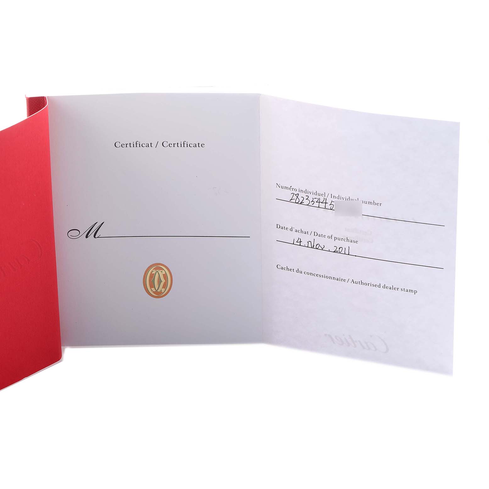 The image shows a certificate for a Cartier Santos W20099C4 Men's Stainless Steel Silver Dial watch, featuring a red cover and internal pages with handwritten details.