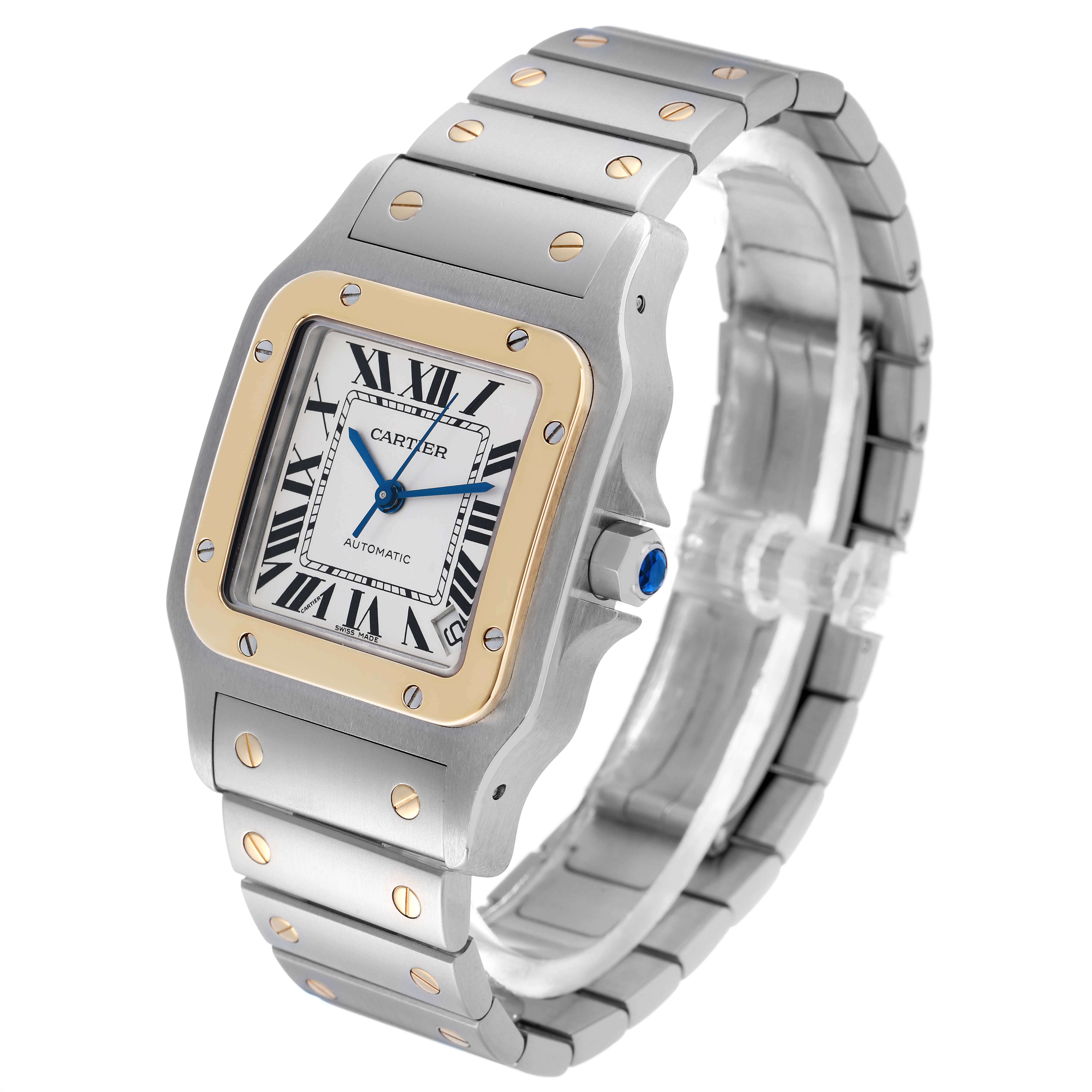 The Cartier Santos W20099C4 Men's Stainless Steel Silver Dial watch is shown at a three-quarter angle, highlighting the dial, bezel, crown, and bracelet.