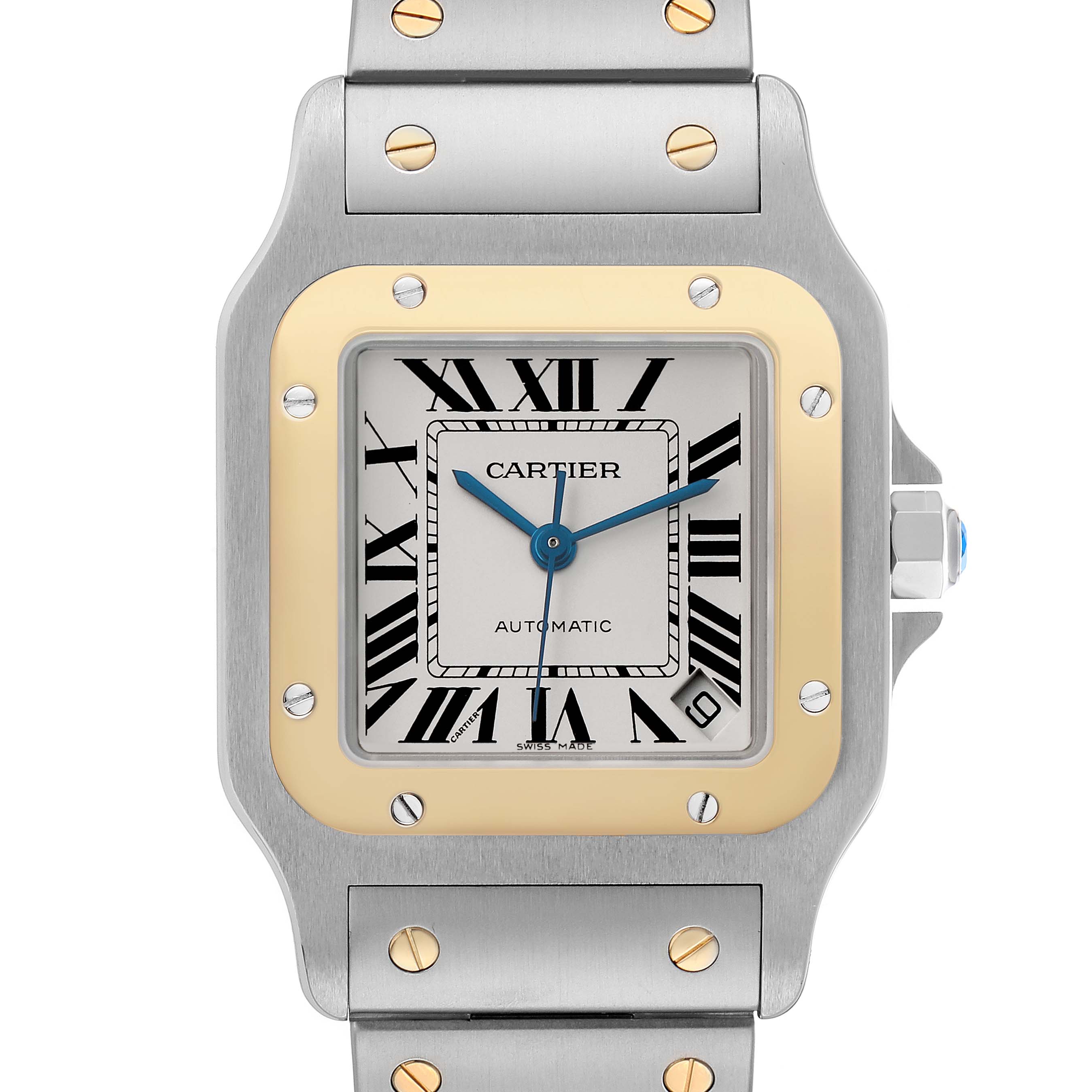 The Cartier Santos W20099C4 Men's Stainless Steel Silver Dial watch is shown from the front, highlighting the dial, bezel, and part of the bracelet.