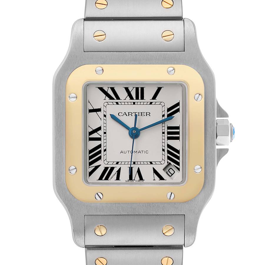 The Cartier Santos W20099C4 Men's Stainless Steel Silver Dial watch is shown from the front, highlighting the dial, bezel, and part of the bracelet.