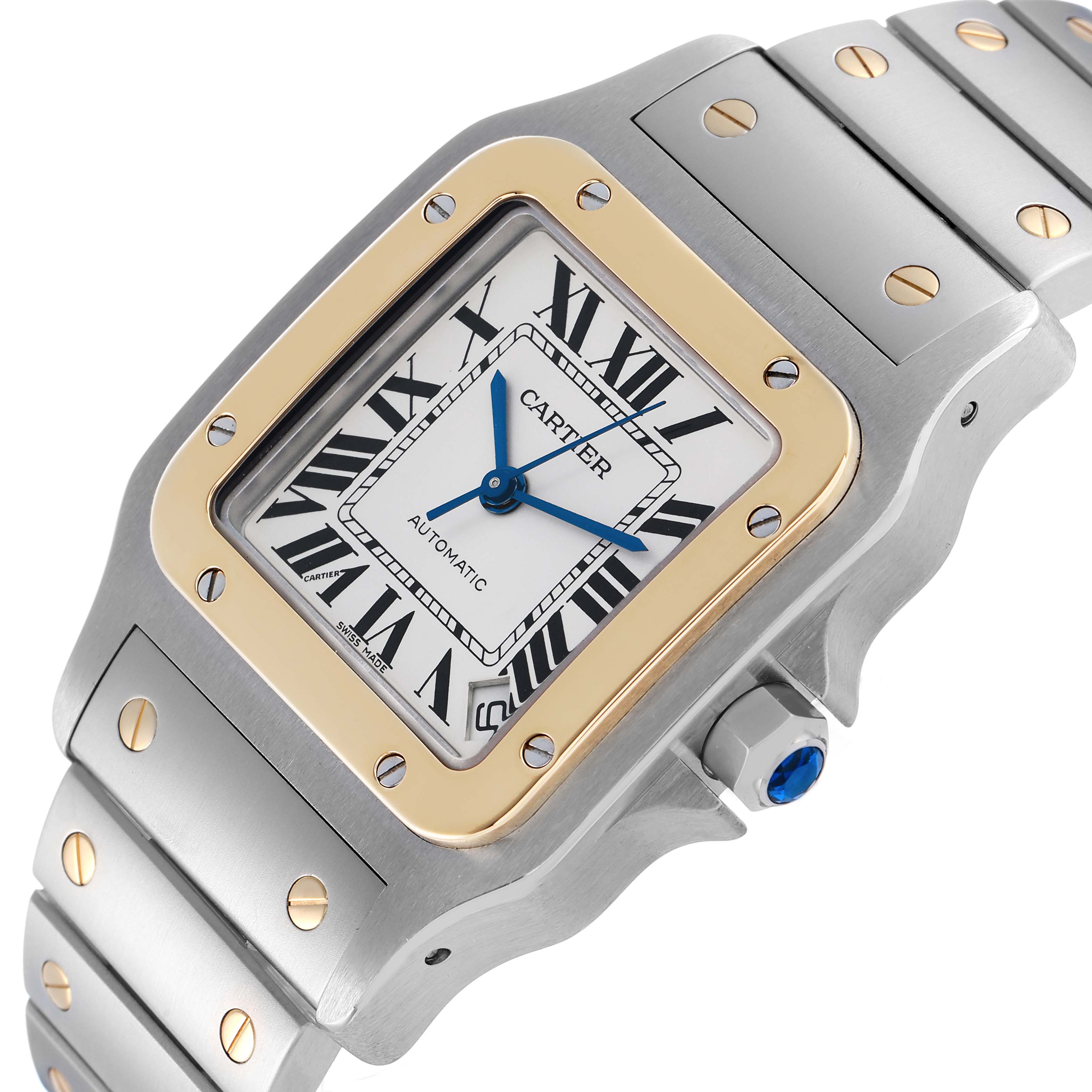 The Cartier Santos W20099C4 Men's Stainless Steel Silver Dial watch is shown from a three-quarter angle, highlighting the face, bezel, and part of the bracelet.