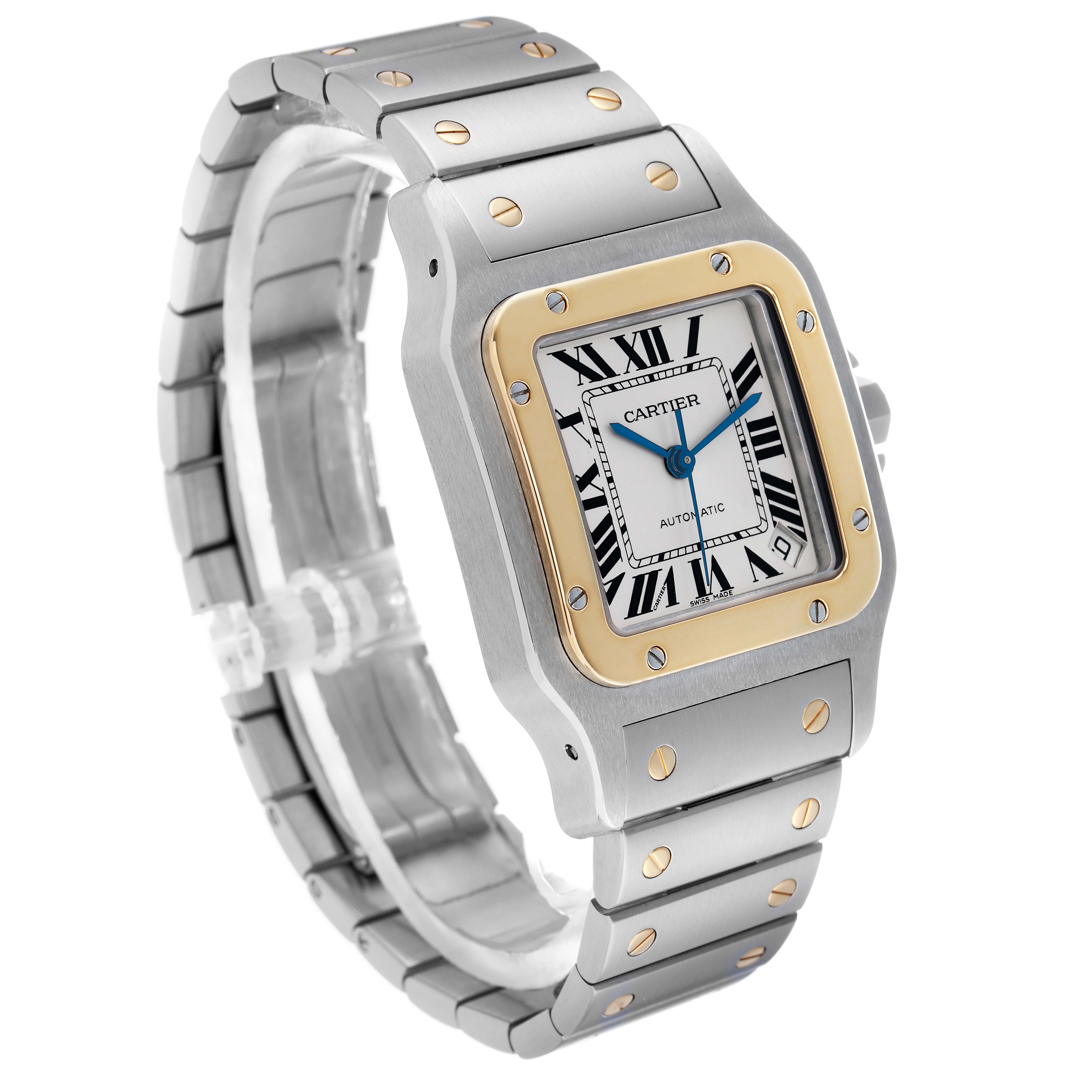 The Cartier Santos W20099C4 Men's Stainless Steel Silver Dial watch is shown at a three-quarter angle, displaying its face, bezel, and part of the bracelet.