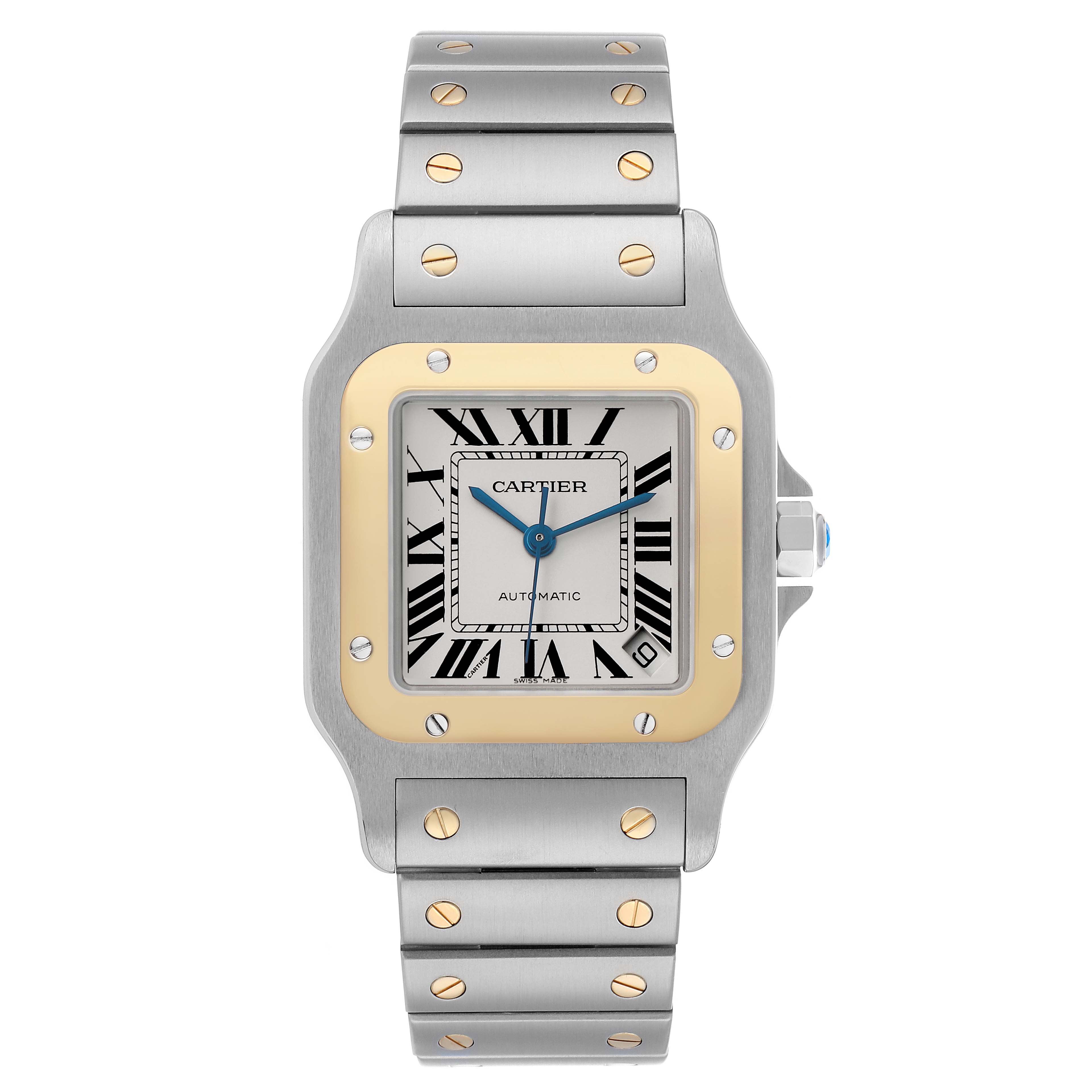The image shows a front view of a Cartier Santos W20099C4 Men's Stainless Steel Silver Dial watch highlighting the dial, bezel, bracelet, and crown.