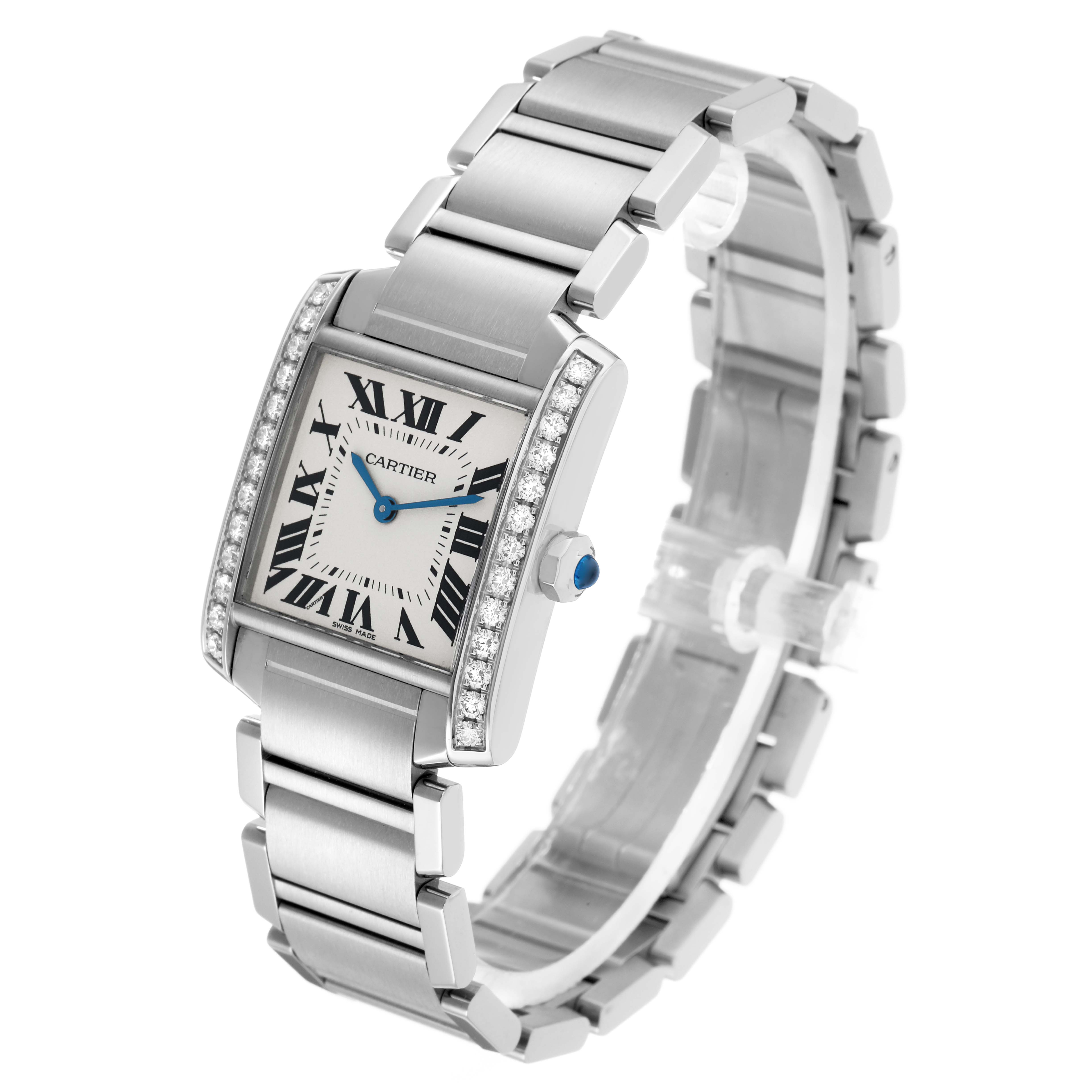 The Cartier Tank Francaise W4TA0009 Women's Stainless Steel Silver Dial watch is shown at a three-quarter angle, displaying the face, bracelet, and side profile.