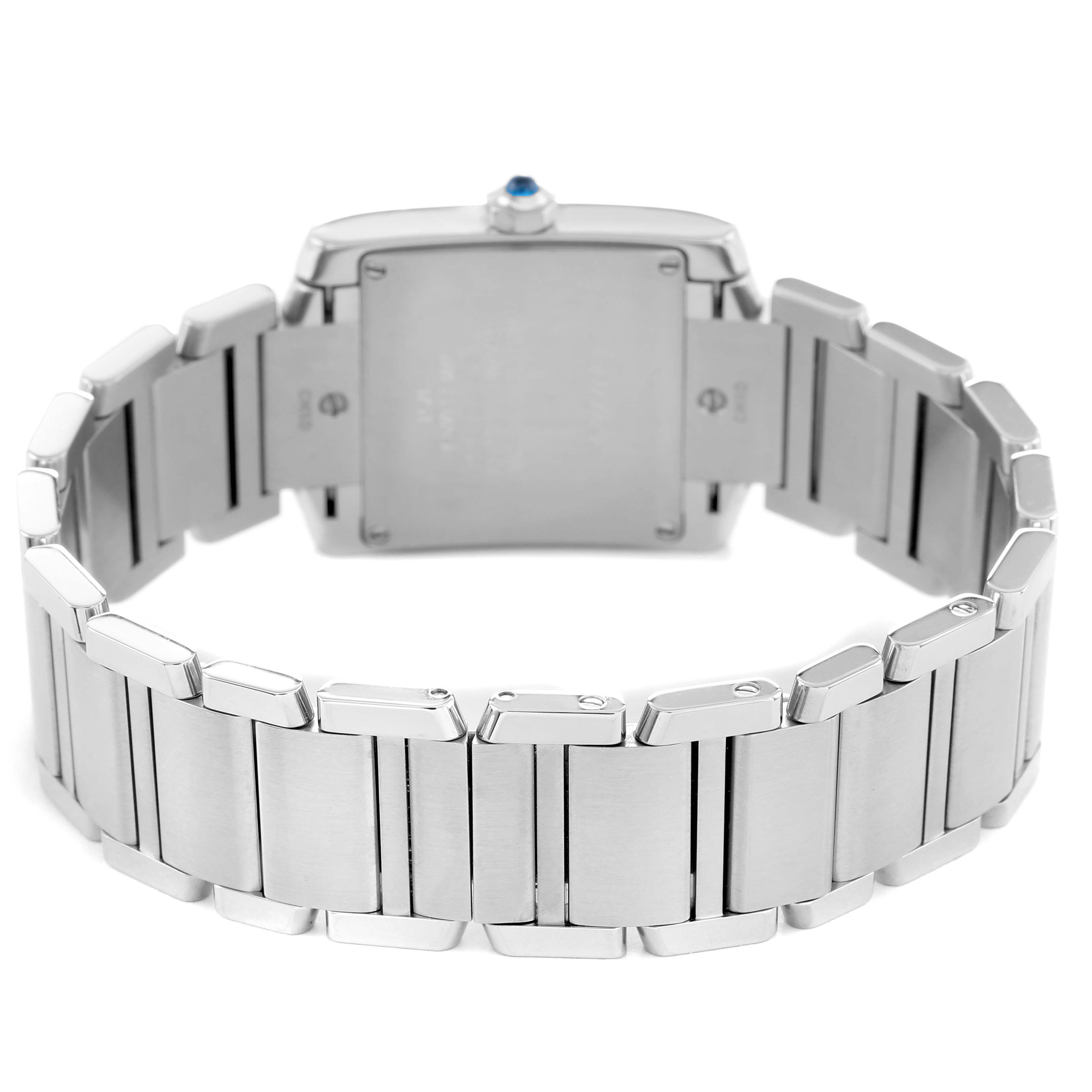 The image shows the back view of a Cartier Tank Française watch, highlighting its metal bracelet and caseback.