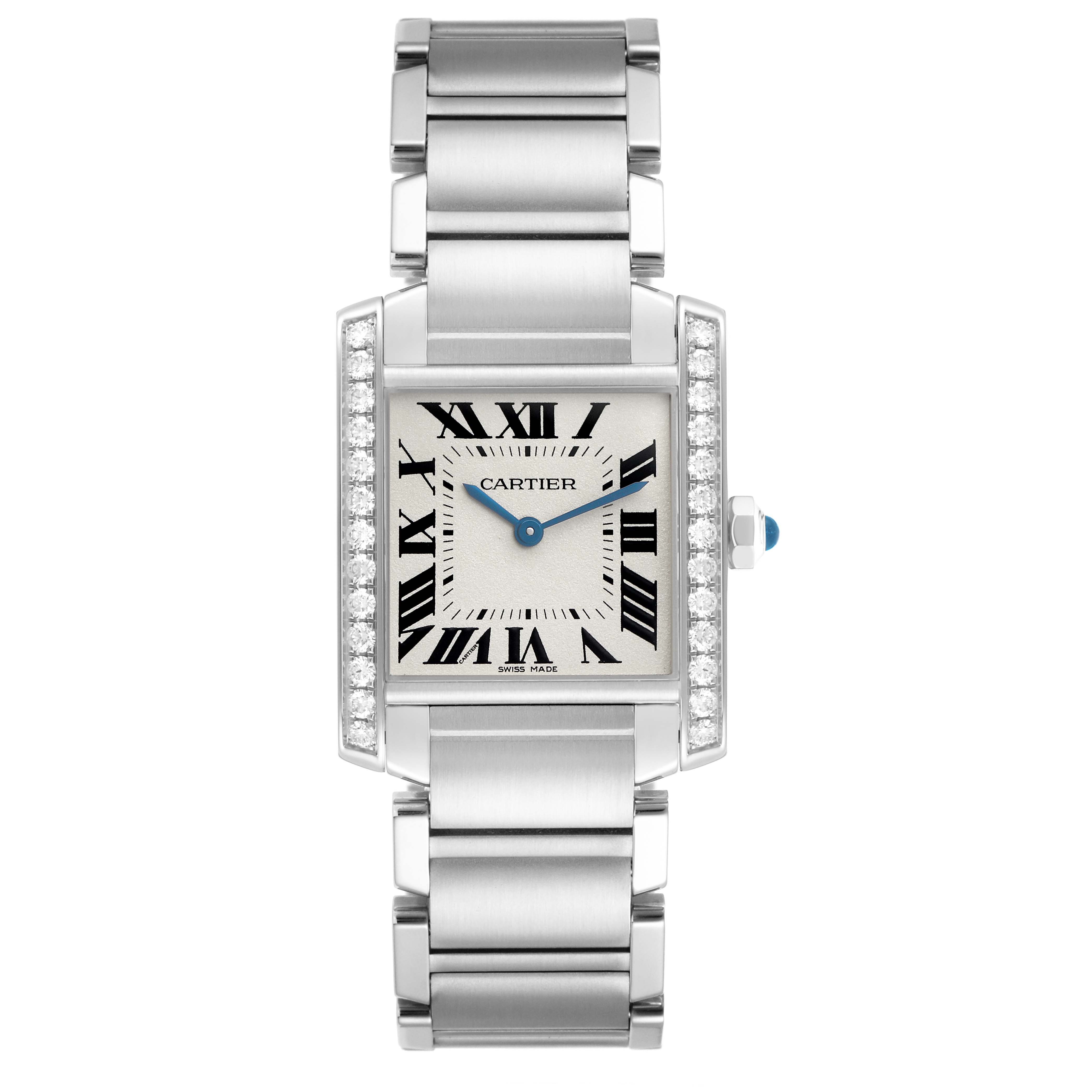 The Cartier Tank Francaise W4TA0009 Women's Stainless Steel Silver Dial watch is shown from a top view, displaying the face, bracelet, and crown with embellishments.
