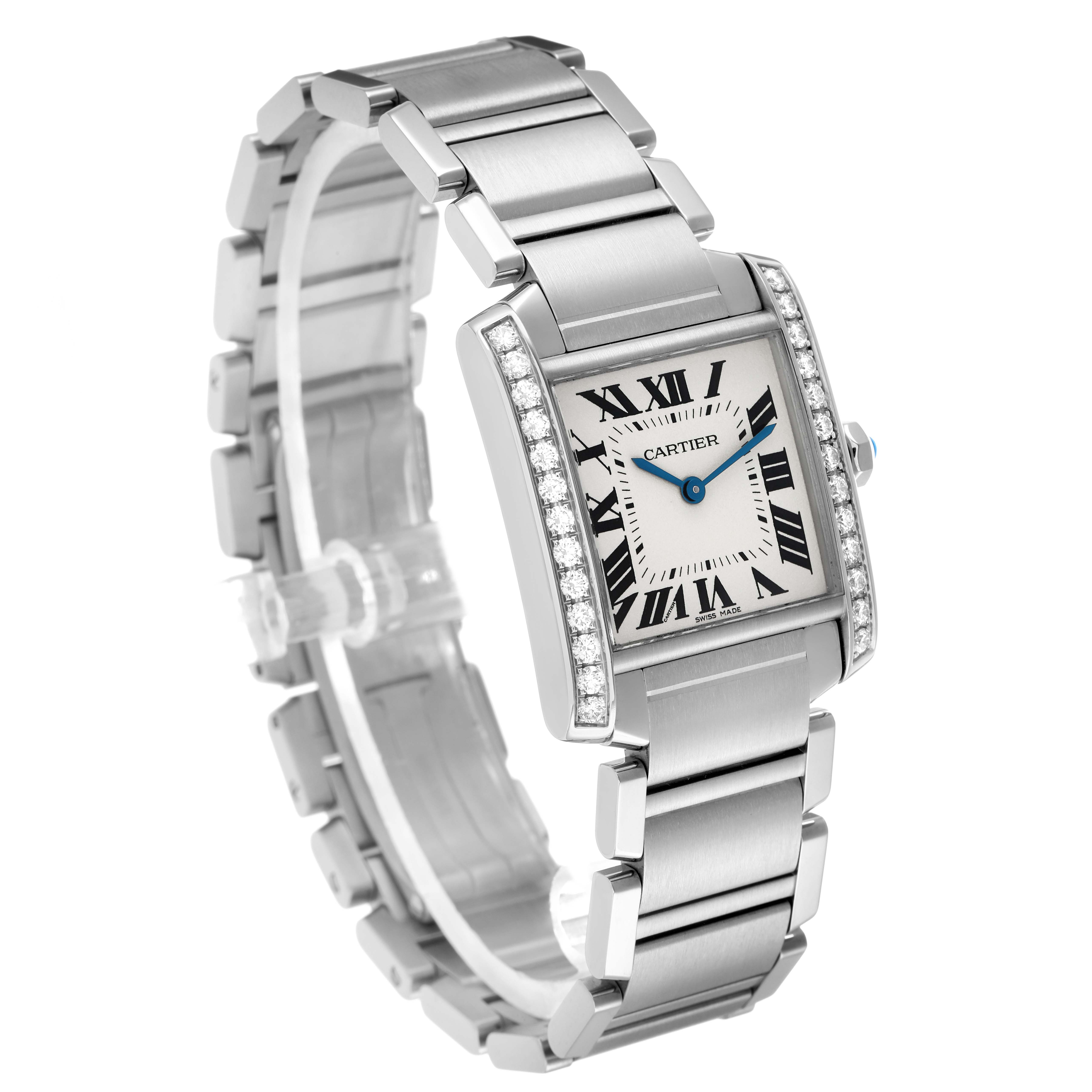 The Cartier Tank Française watch is shown at a three-quarter angle, displaying its face, bracelet, and diamond-accented bezel.