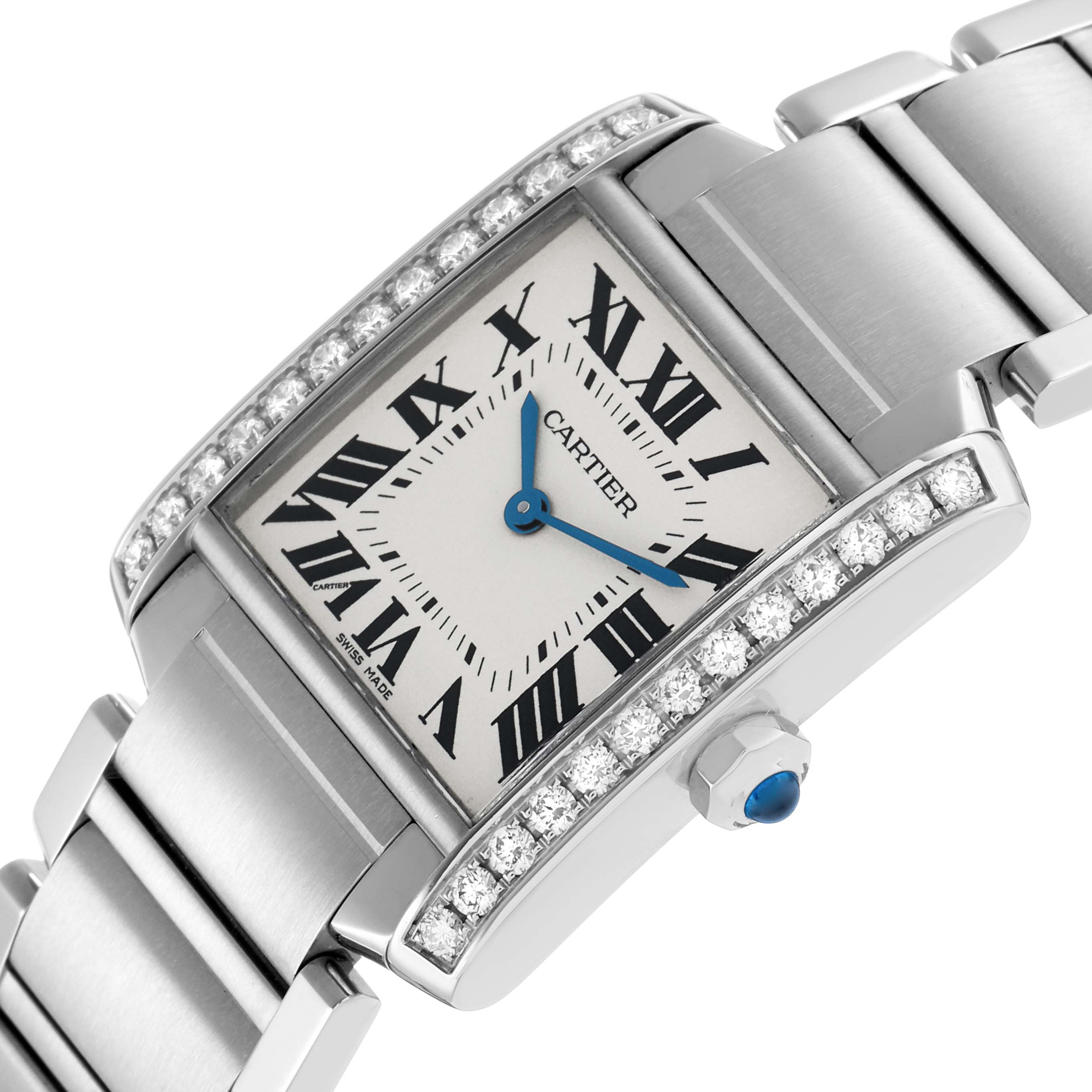The Cartier Tank Francaise W4TA0009 Women's Stainless Steel Silver Dial watch is shown at an angled view, highlighting its diamond-set bezel, Roman numeral dial, and bracelet.