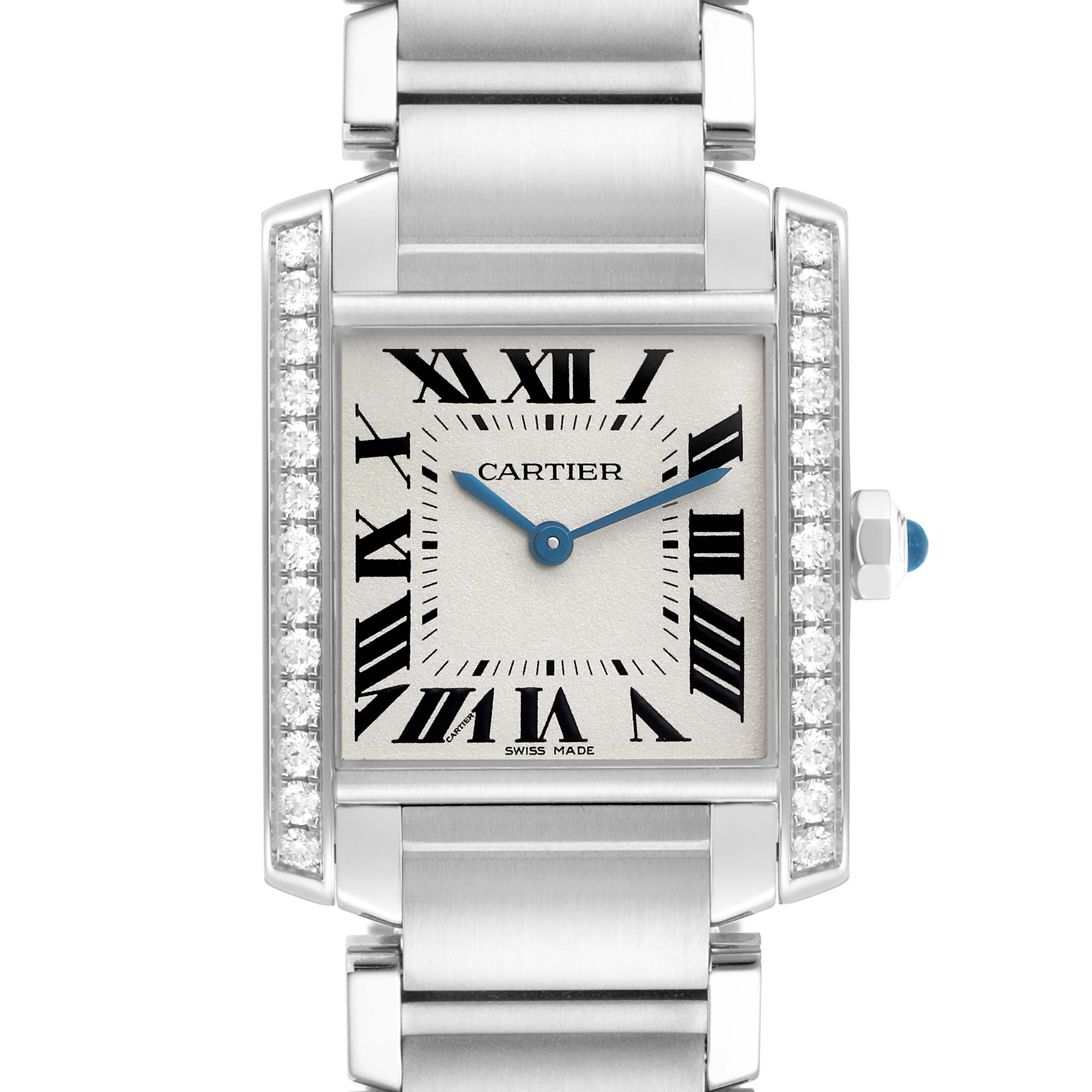 The Cartier Tank Francaise W4TA0009 Women's Stainless Steel Silver Dial watch is shown from a front angle, highlighting its rectangular dial, Roman numerals, and diamond-set edges.