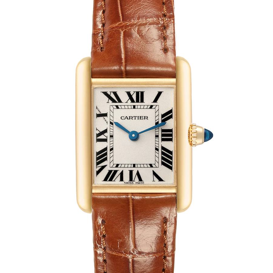 The Cartier Tank Louis watch is shown from a front angle, displaying the face, case, crown, and brown leather strap.