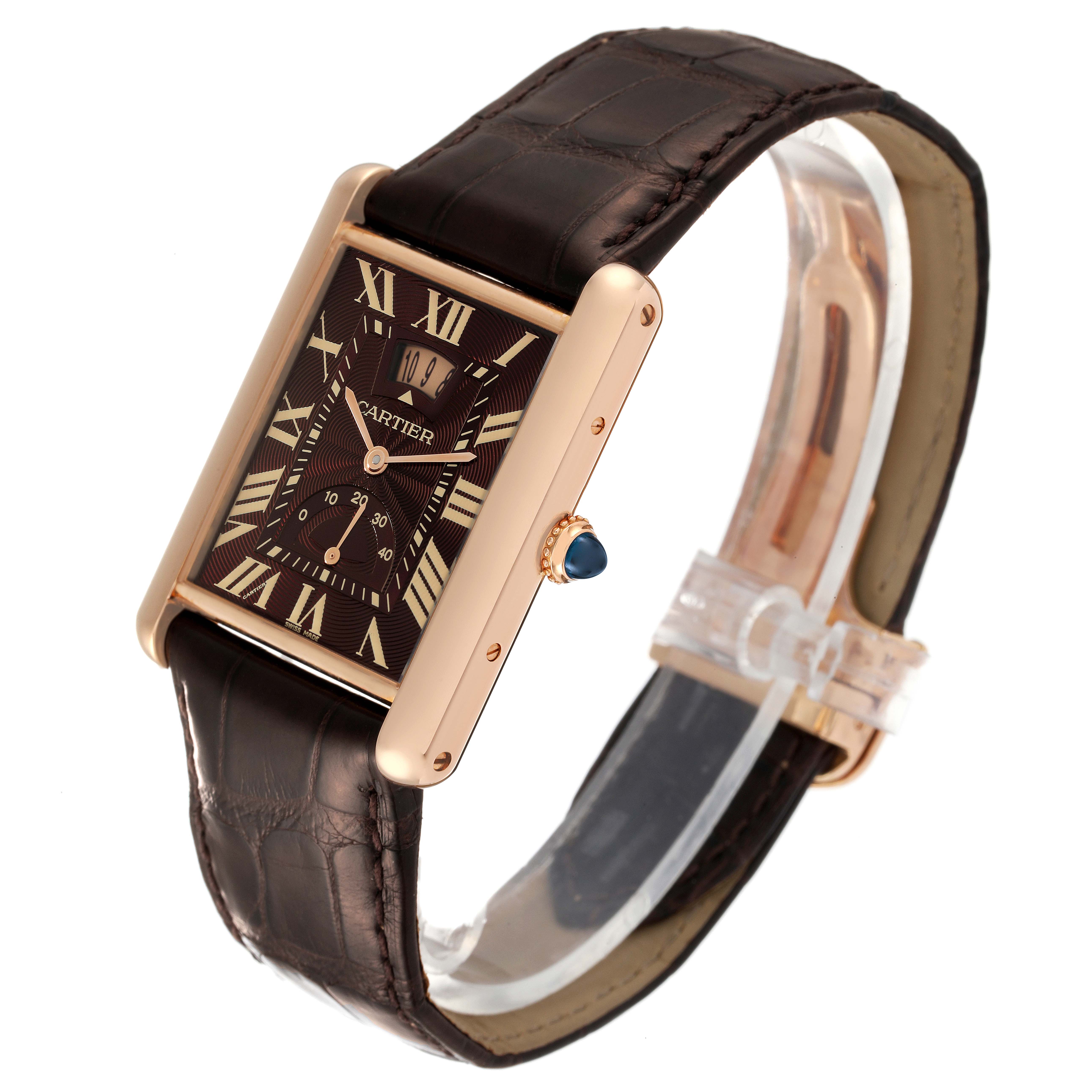 The Tank Louis model by Cartier is shown at a slight angle, displaying the face, Roman numerals, bezel, crown, and strap.