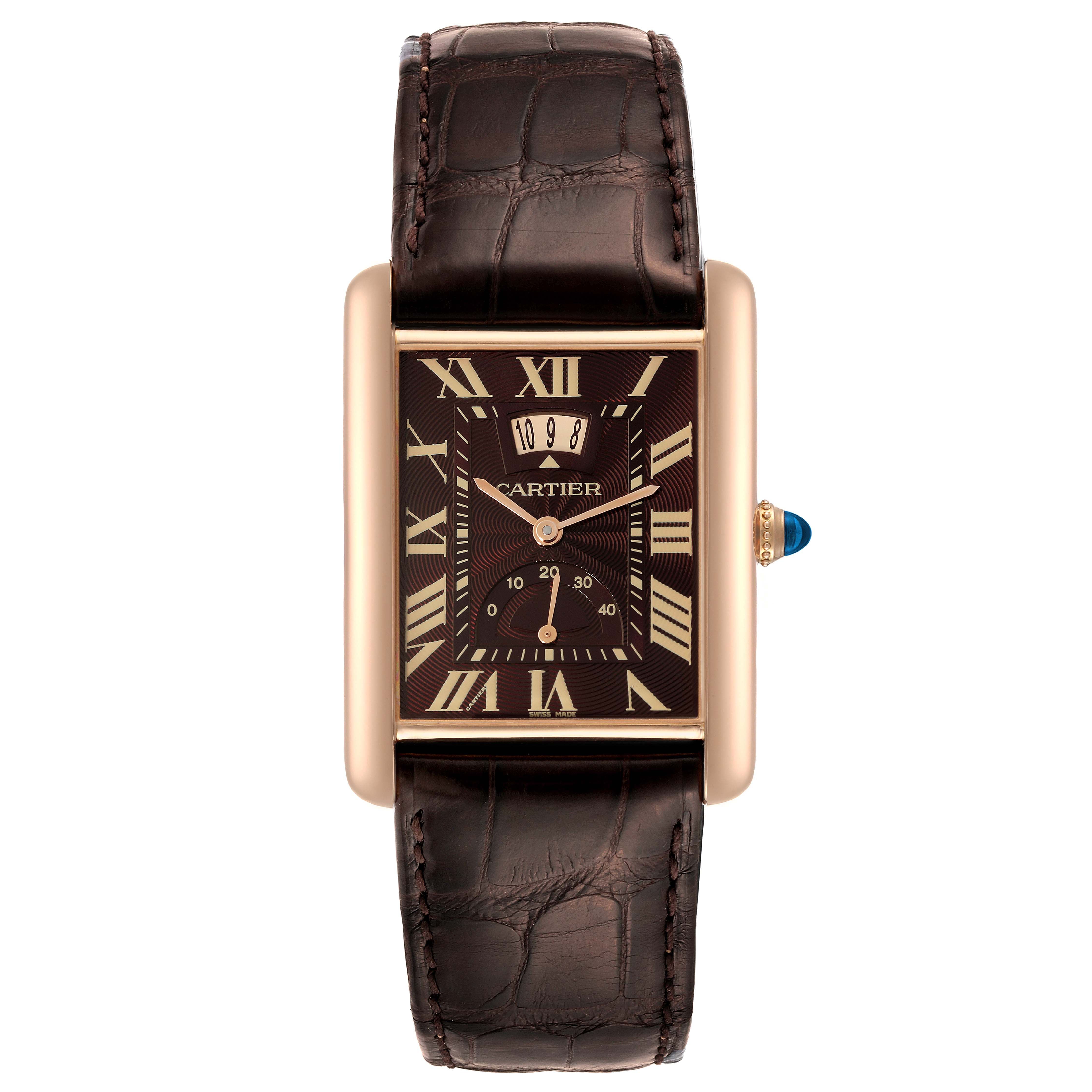 This image shows a head-on view of the Cartier Tank Louis W1560002 Men's Rose Gold Brown Dial W1560002 Men's Rose Gold Brown Dial watch, highlighting the dial, bezel, and leather strap.