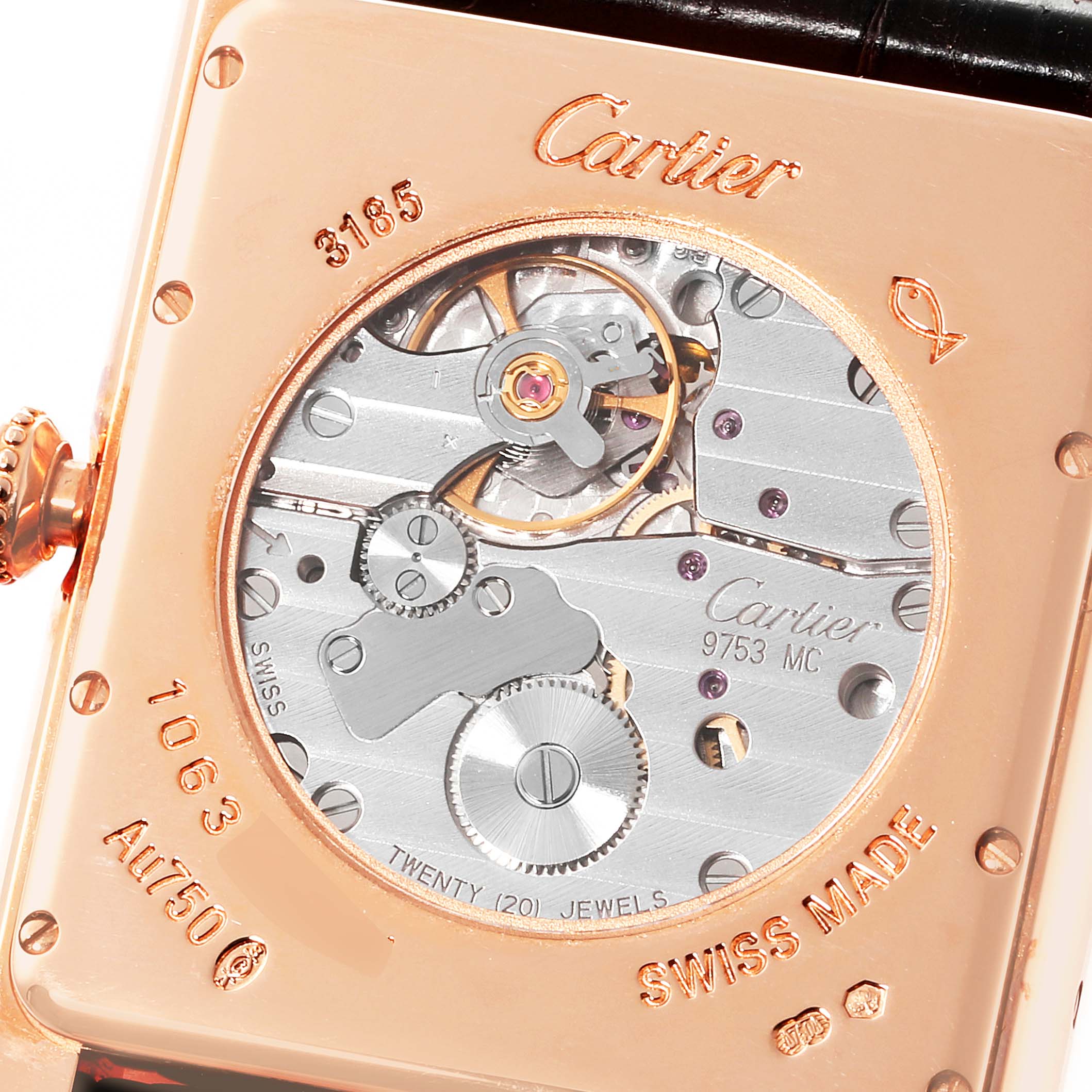 This image displays the back view of the Cartier Tank Louis W1560002 Men's Rose Gold Brown Dial W1560002 Men's Rose Gold Brown Dial watch, showcasing its internal movement and intricate mechanics.