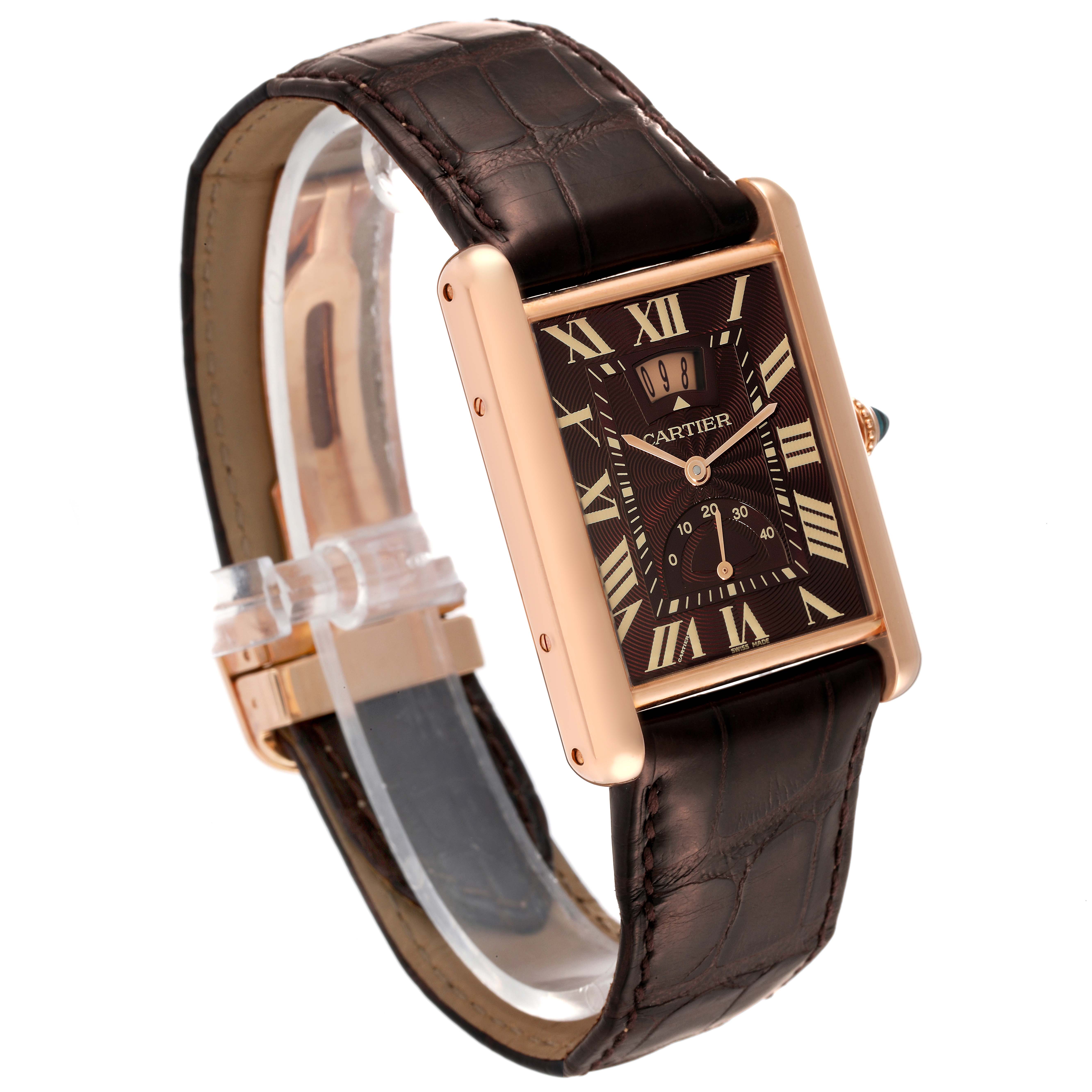 This image shows a Cartier Tank Louis W1560002 Men's Rose Gold Brown Dial W1560002 Men's Rose Gold Brown Dial watch at a slight angle, highlighting its rectangular face and leather strap.