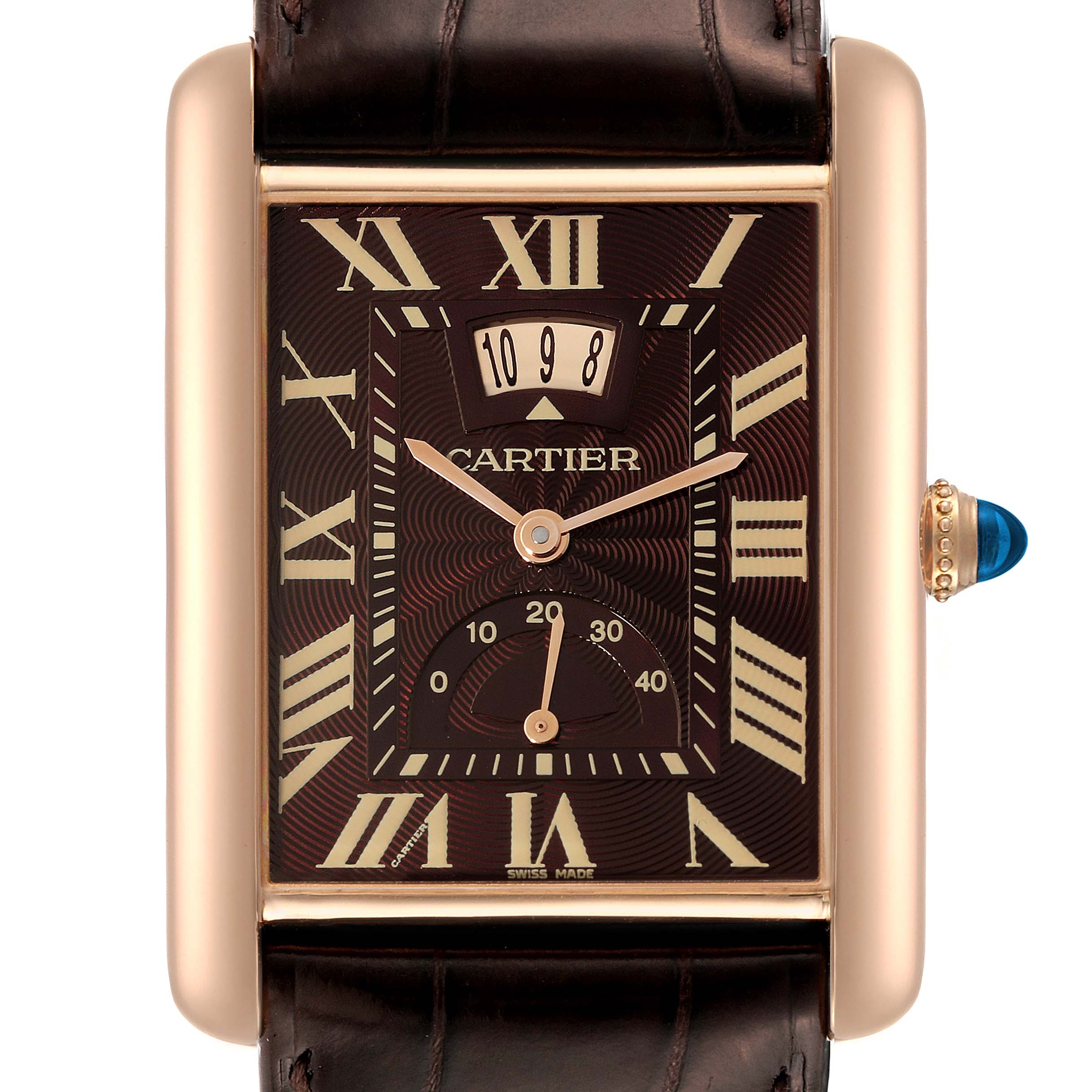 This image shows a front view of the Tank Louis Cartier watch, highlighting its rectangular case, Roman numerals, and leather strap.