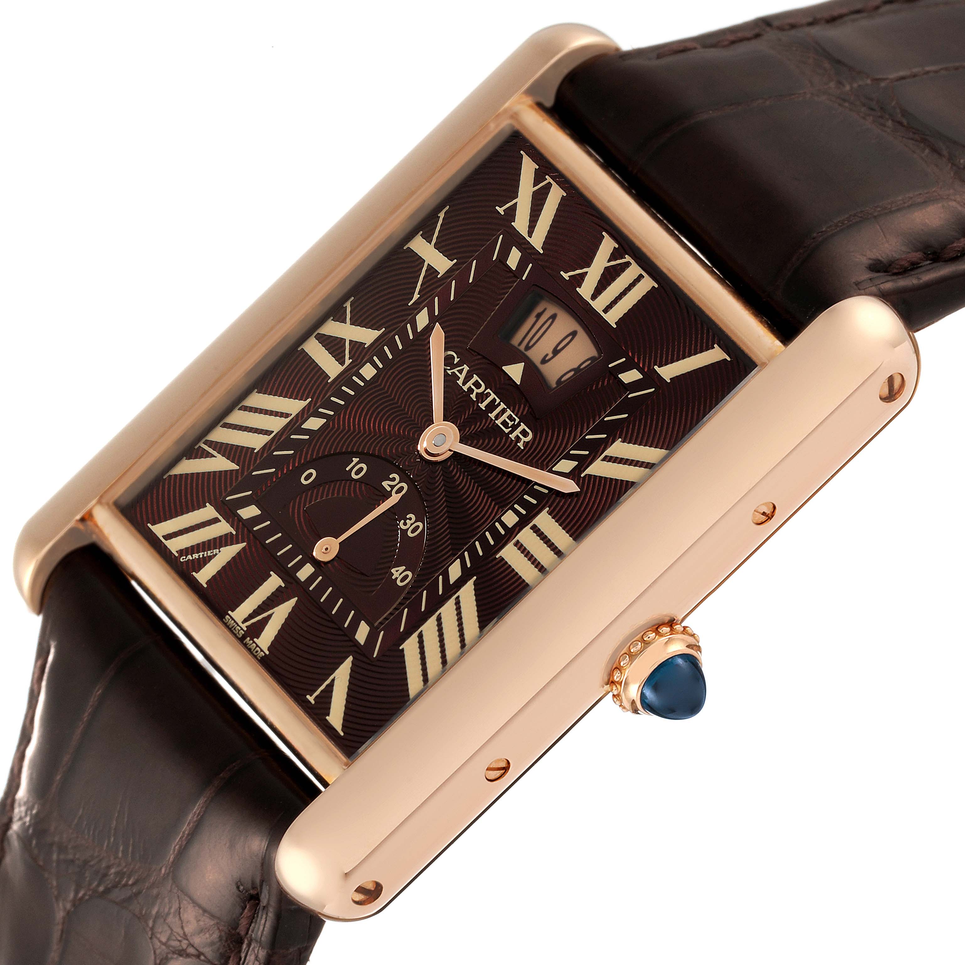 The image shows a close-up angled view of the Cartier Tank Louis W1560002 Men's Rose Gold Brown Dial W1560002 Men's Rose Gold Brown Dial watch, highlighting the dial, case, crown, and leather strap.