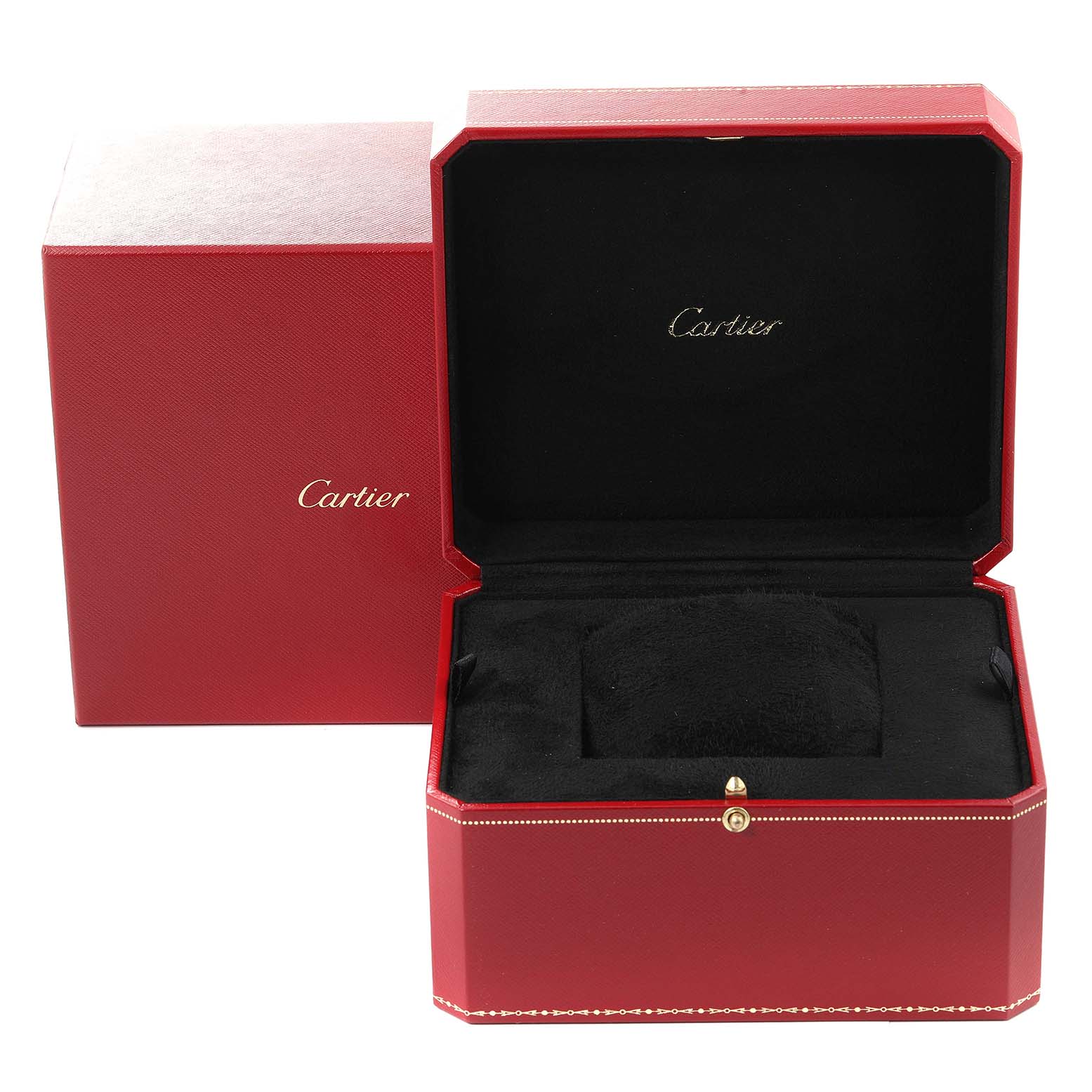 The image shows an open red Cartier box for the Tank Louis model watch, displaying the interior with a cushion for the watch.