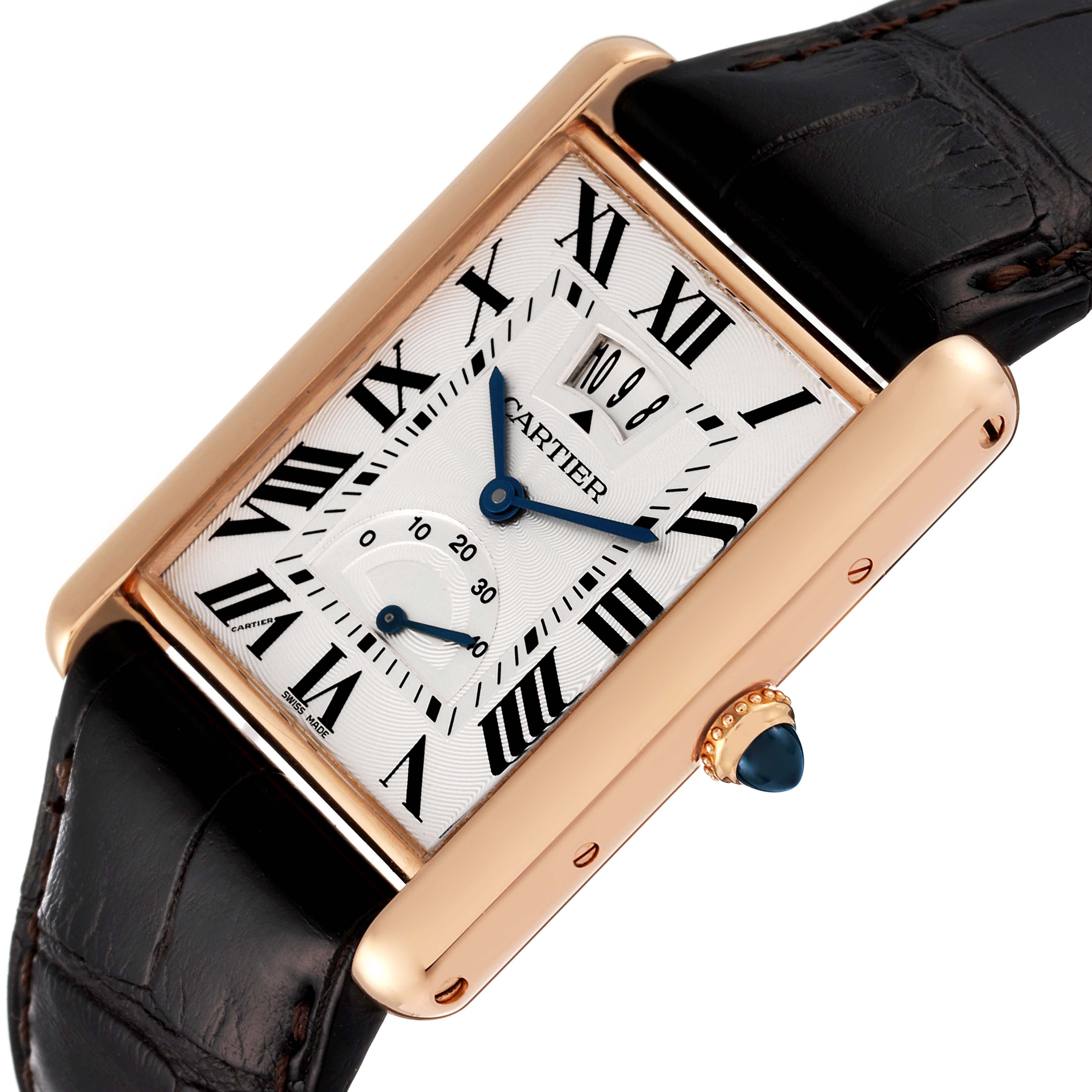 This image shows a Cartier Tank Louis W1560003 Men's Rose Gold Silver Dial W1560003 Men's Rose Gold Silver Dial watch from an angled top-down view, highlighting the face, strap, and crown.