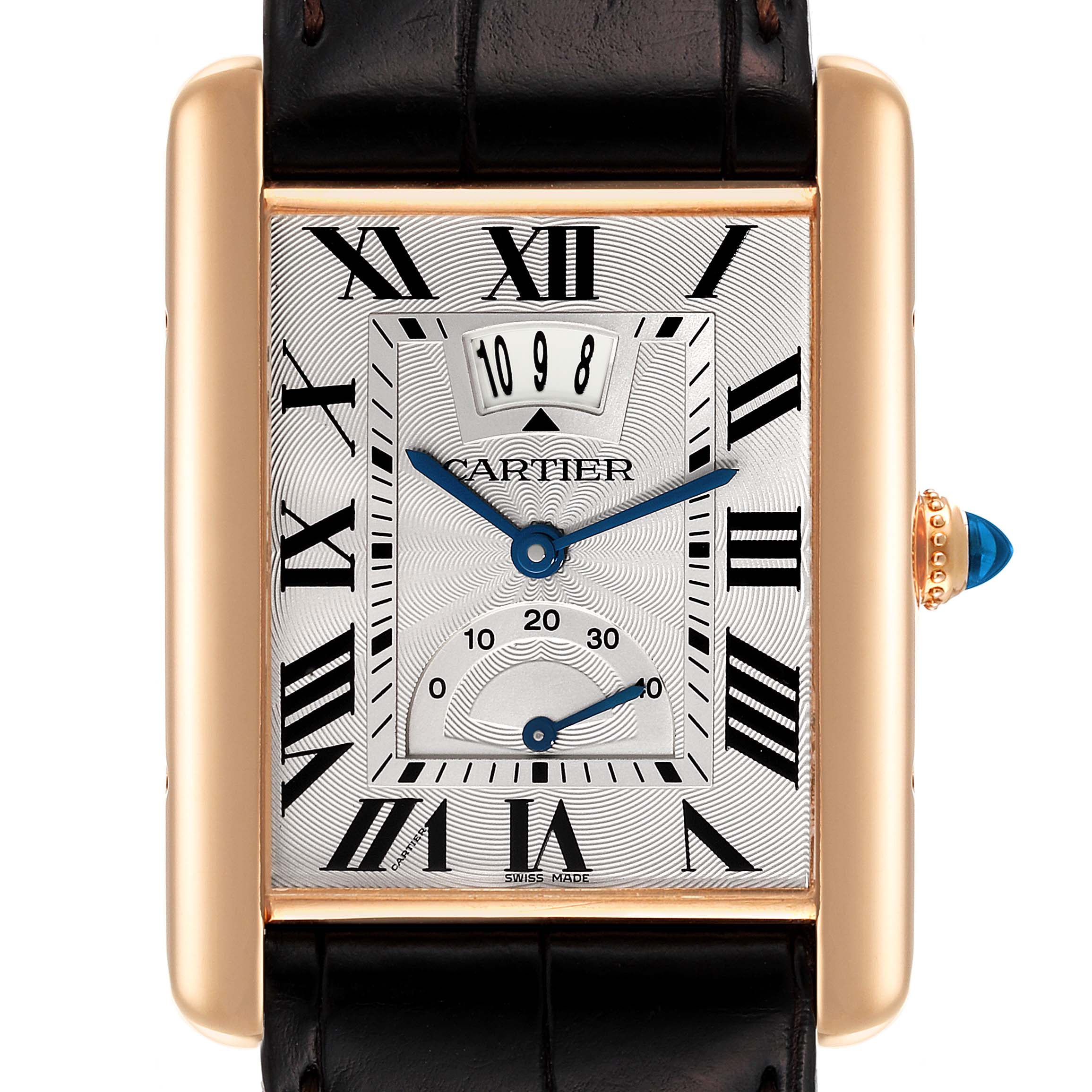 This Tank Louis Cartier watch is shown from a top-down angle, displaying the dial, hands, Roman numerals, and part of the strap.