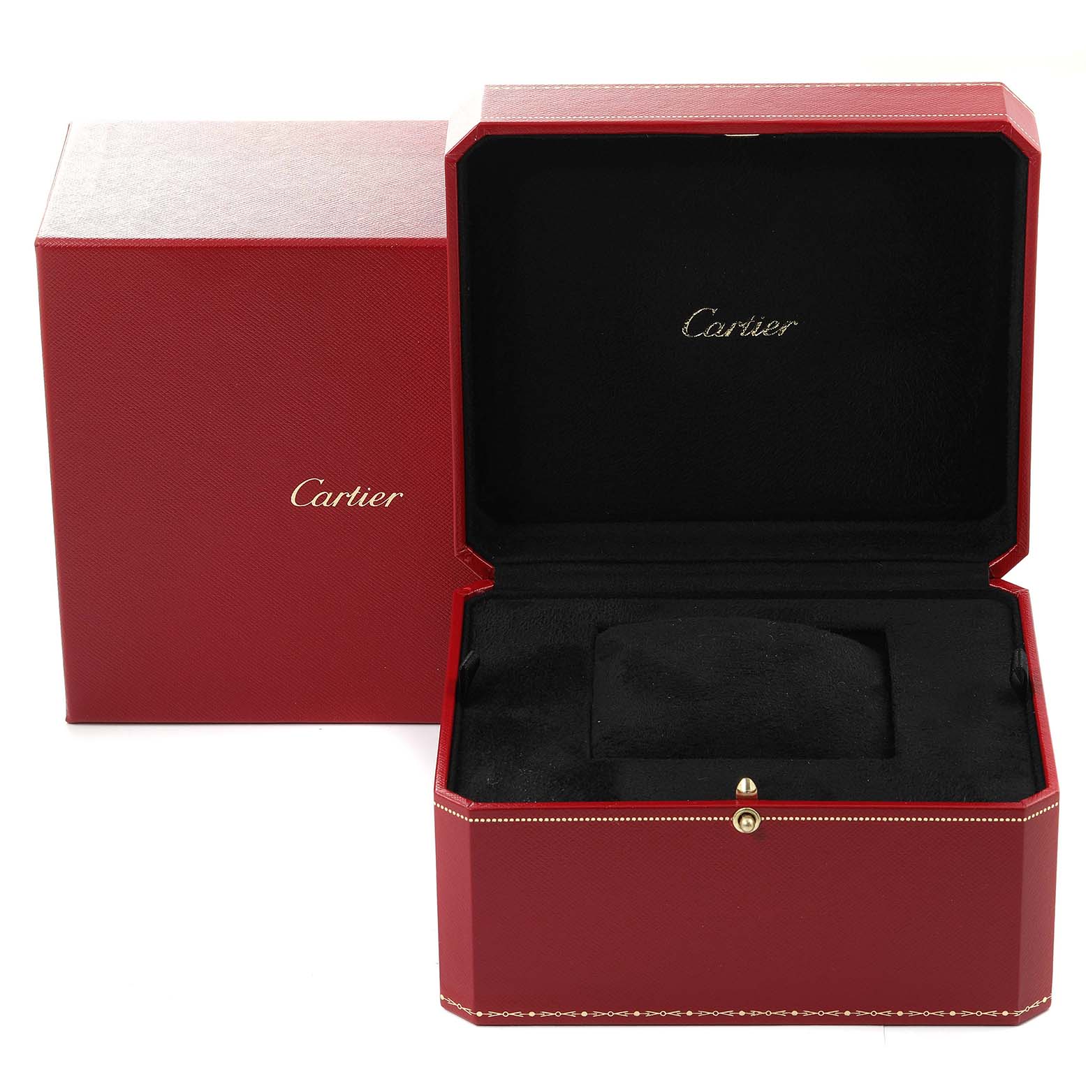 The image shows a red Cartier box for the Tank Louis model watch, open to reveal the interior.