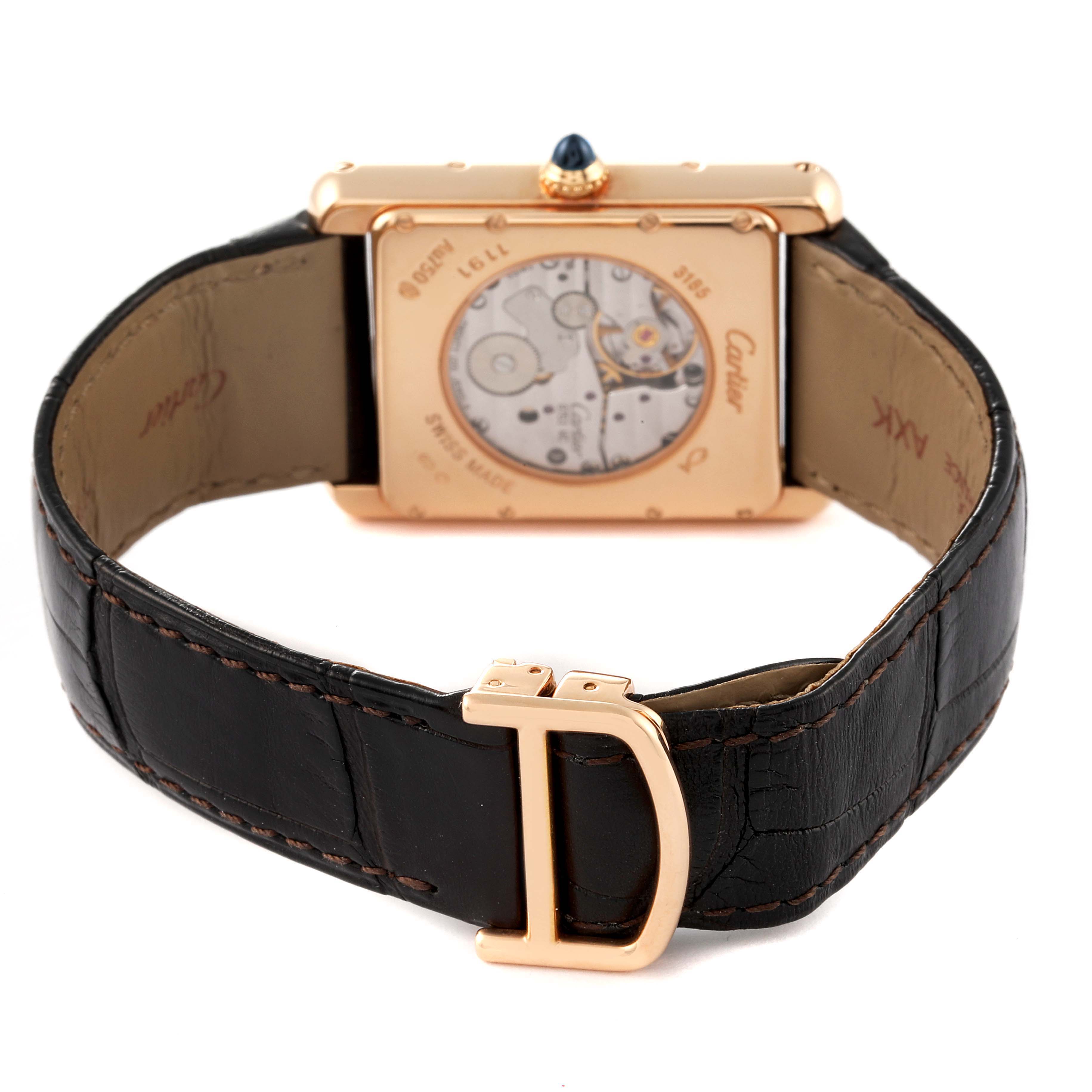 The image shows the back and strap of the Cartier Tank Louis W1560003 Men's Rose Gold Silver Dial W1560003 Men's Rose Gold Silver Dial watch, highlighting its mechanical movement and leather band.