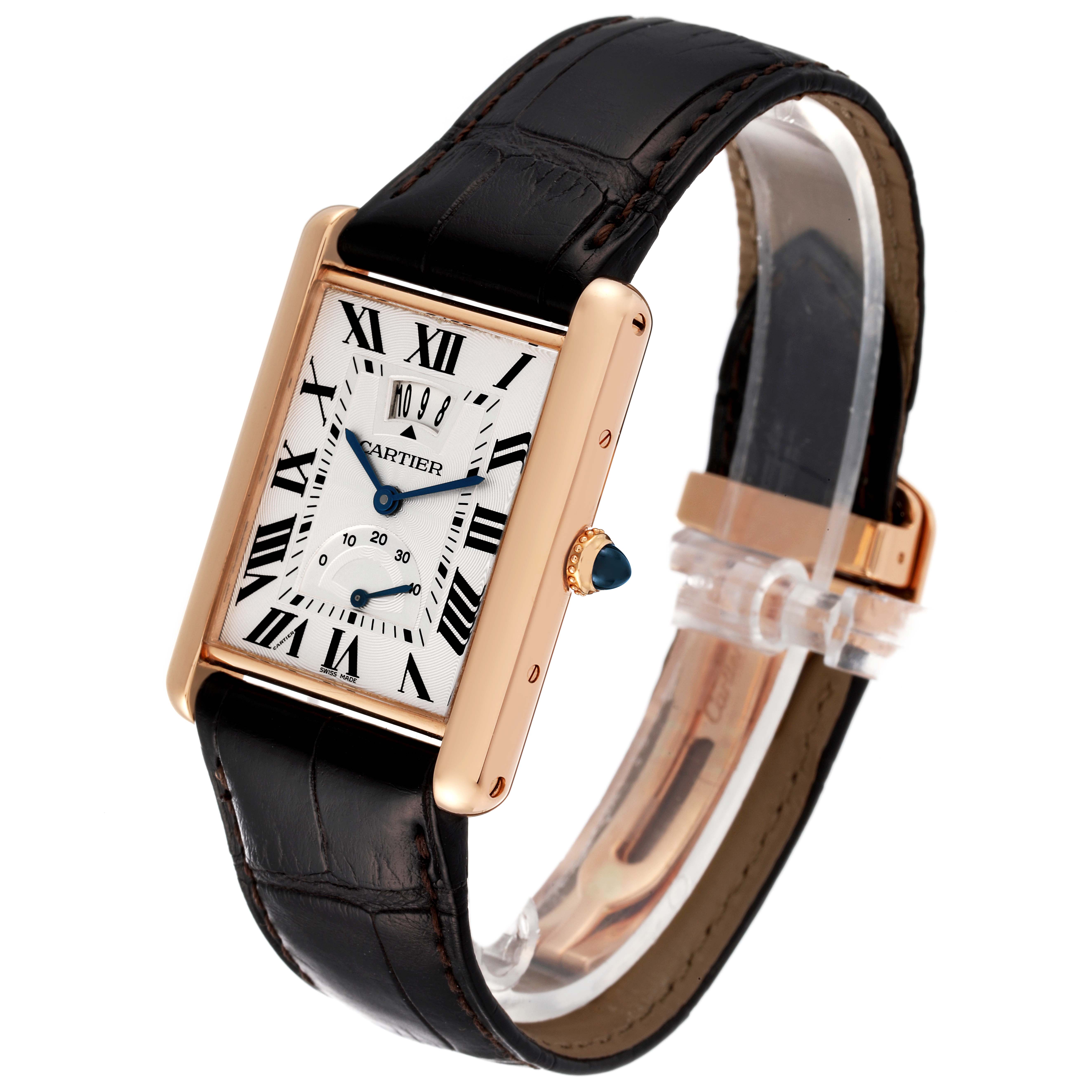 The image shows a Cartier Tank Louis W1560003 Men's Rose Gold Silver Dial W1560003 Men's Rose Gold Silver Dial model watch at a slight angle, featuring its rectangular face, gold case, and black leather strap.