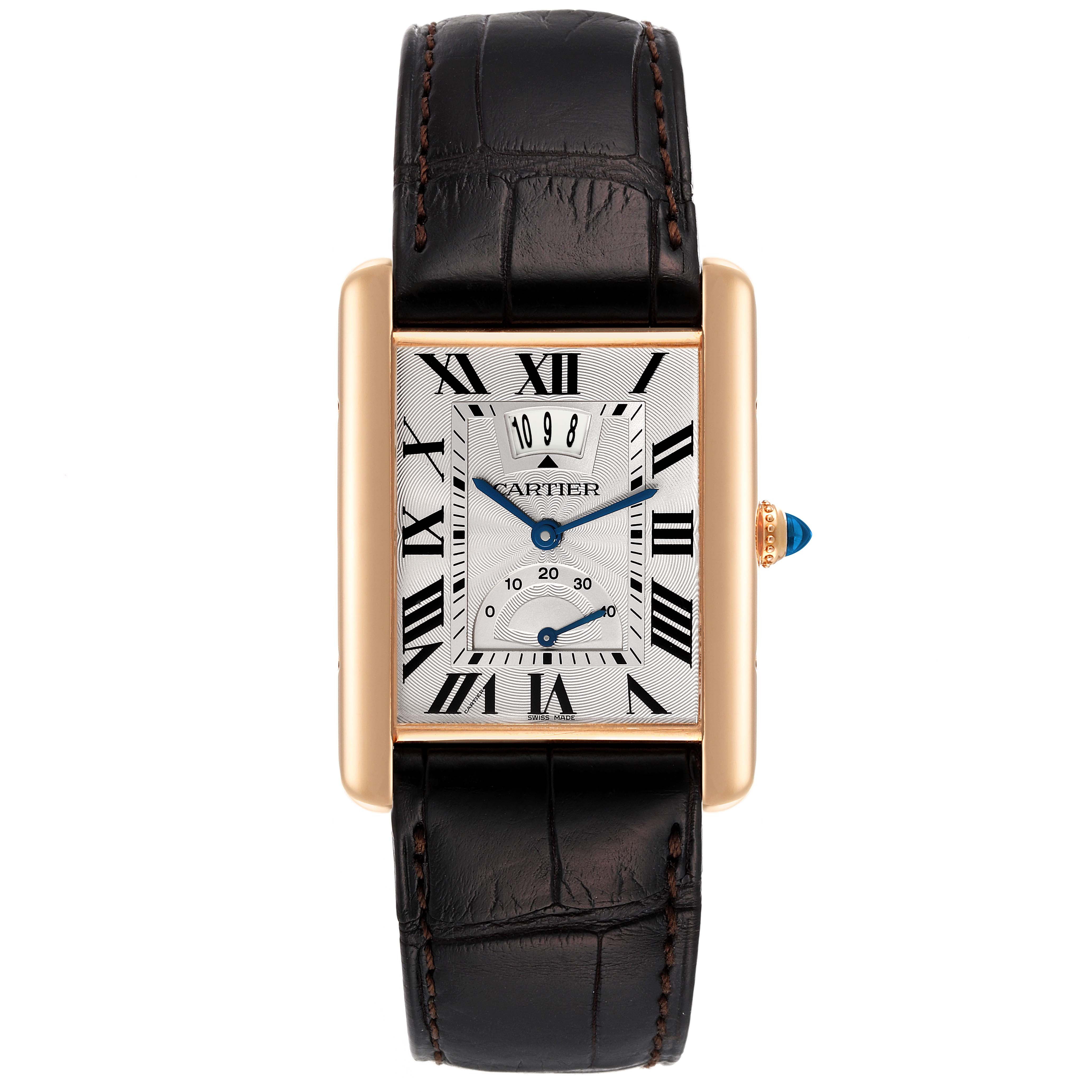 This image shows a frontal view of the Tank Louis model watch by Cartier, highlighting the dial, hands, and strap.