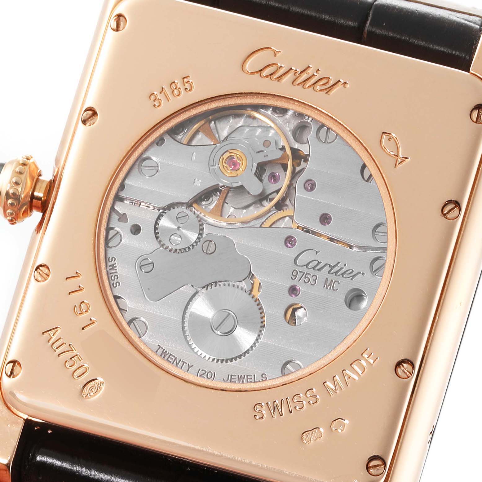 This image shows the back view of a Tank Louis model watch by Cartier, highlighting the movement and internal mechanisms.