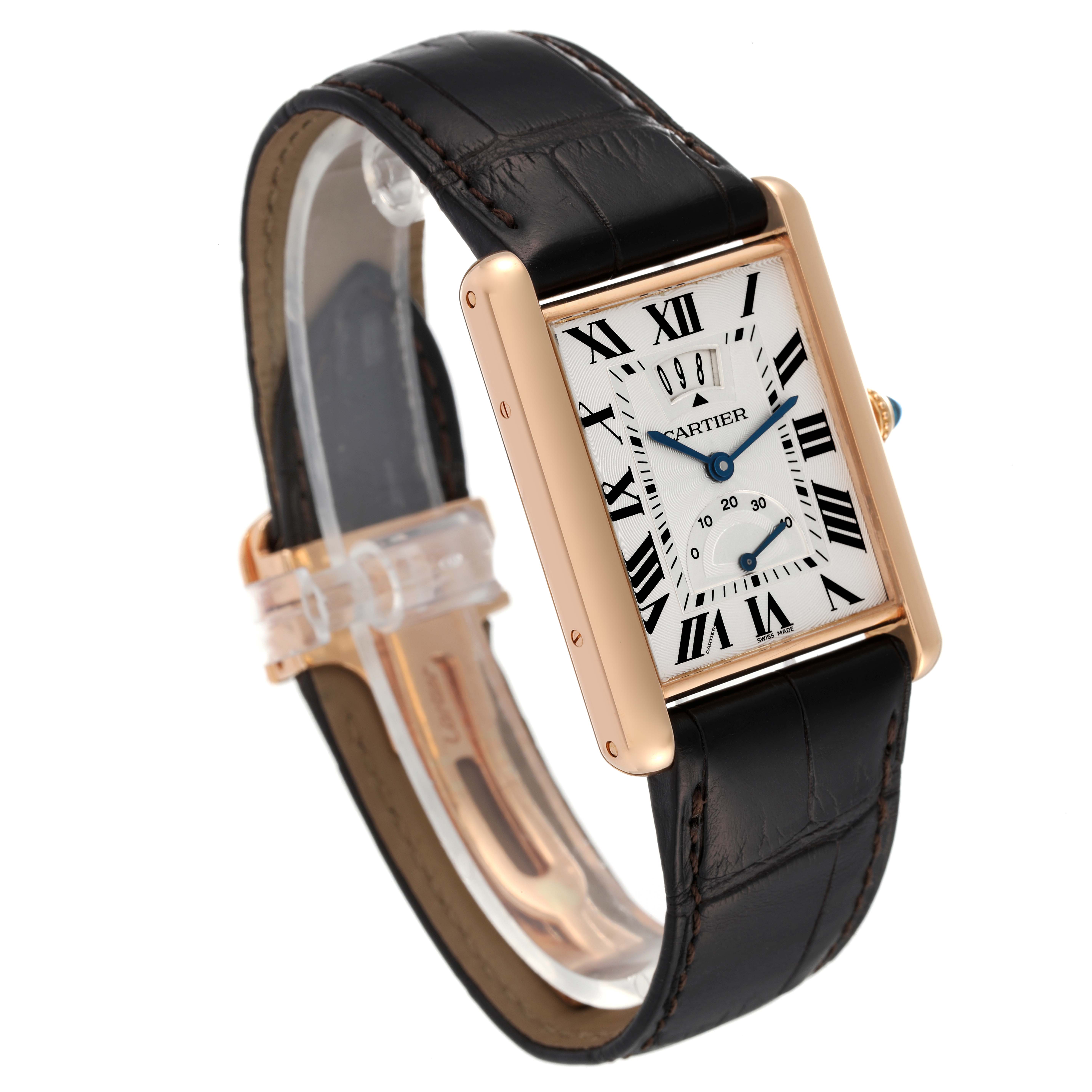The image shows a Cartier Tank Louis W1560003 Men's Rose Gold Silver Dial W1560003 Men's Rose Gold Silver Dial watch at a three-quarter angle, highlighting its face, strap, and buckle.