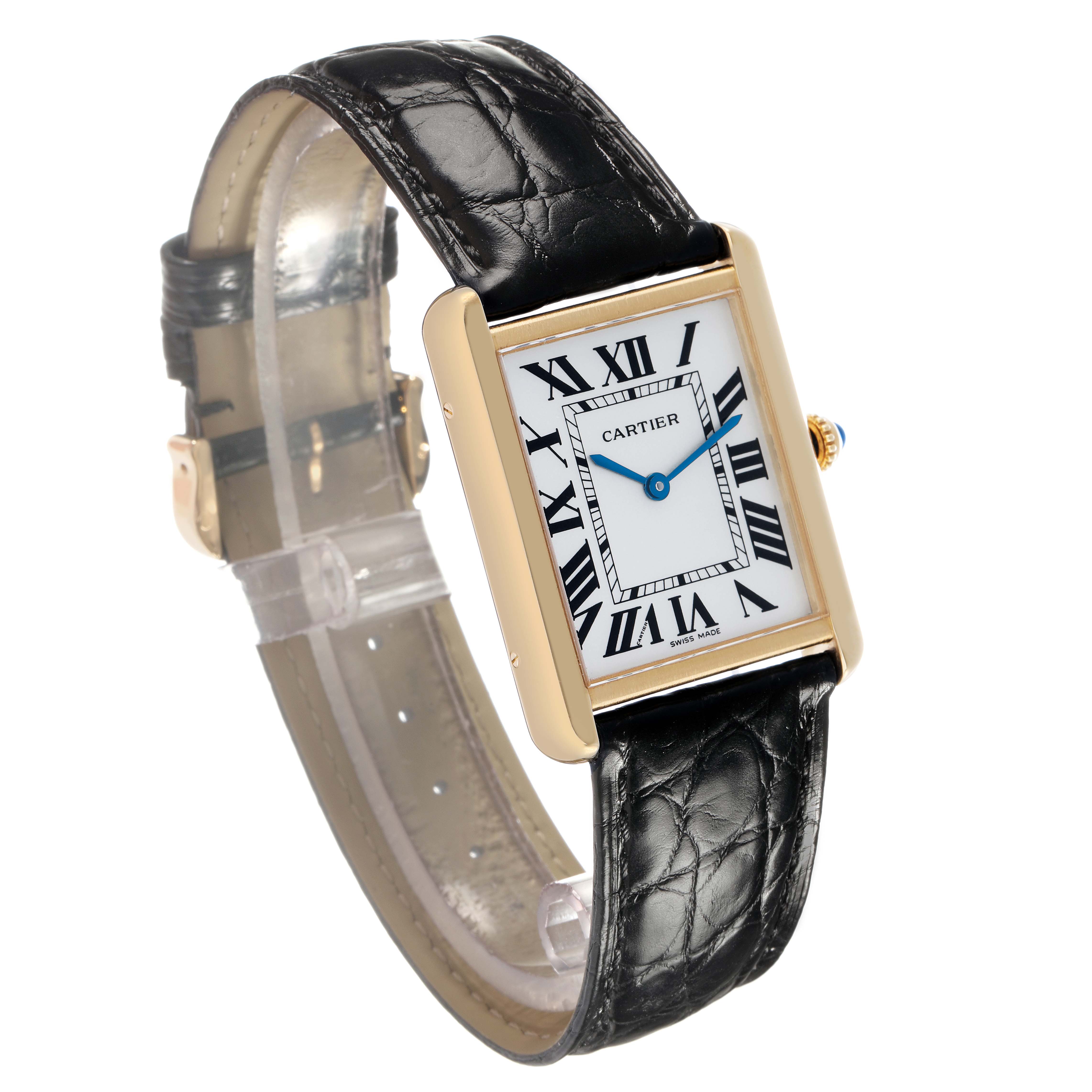 The Cartier Tank Solo W5200004 Men's Steel and Gold (two tone) Silver Dial watch is shown at an angled side view, highlighting its rectangular face and leather strap.