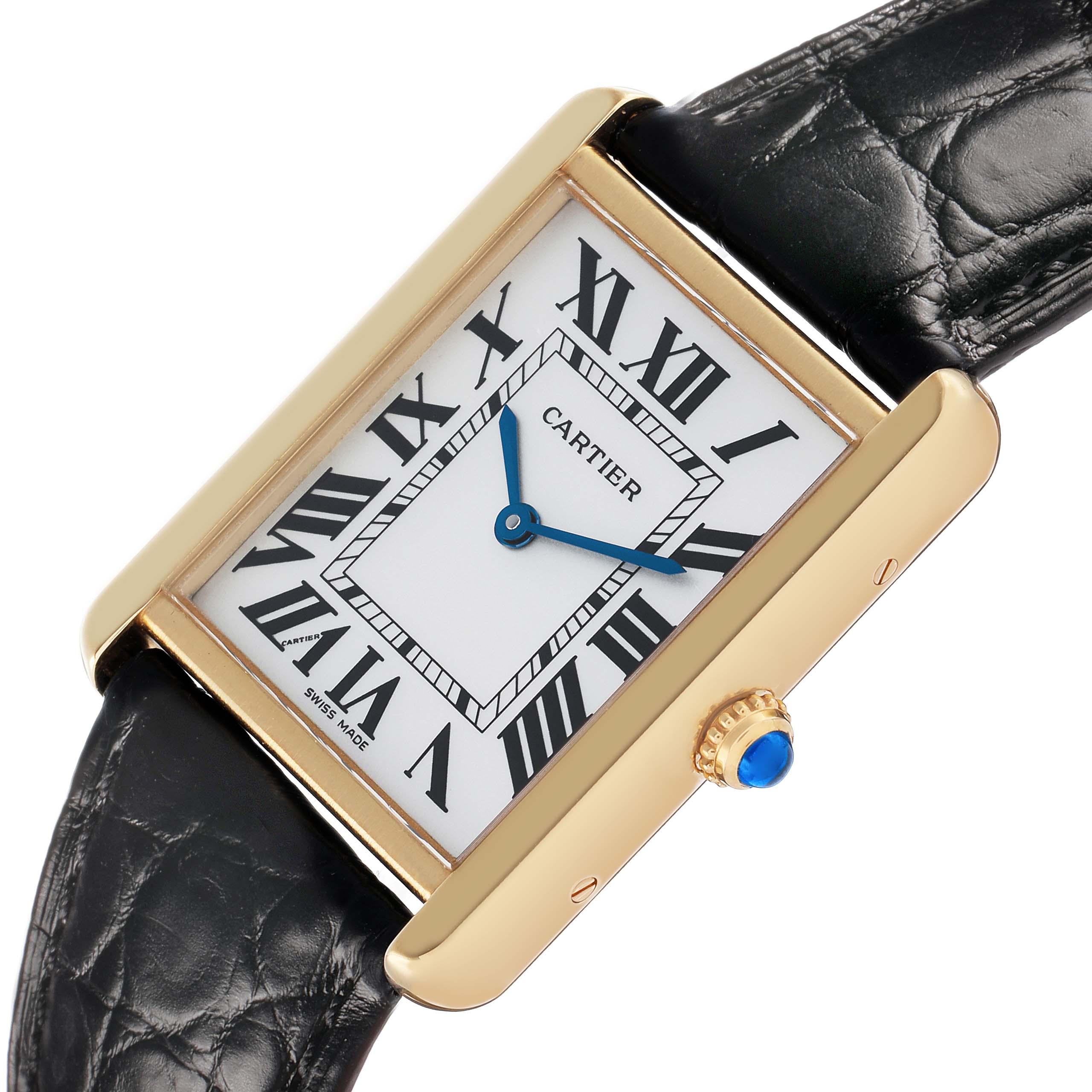 The Cartier Tank Solo W5200004 Men's Steel and Gold (two tone) Silver Dial watch is shown at an angled close-up, displaying its face, Roman numerals, gold casing, crown, and black strap.