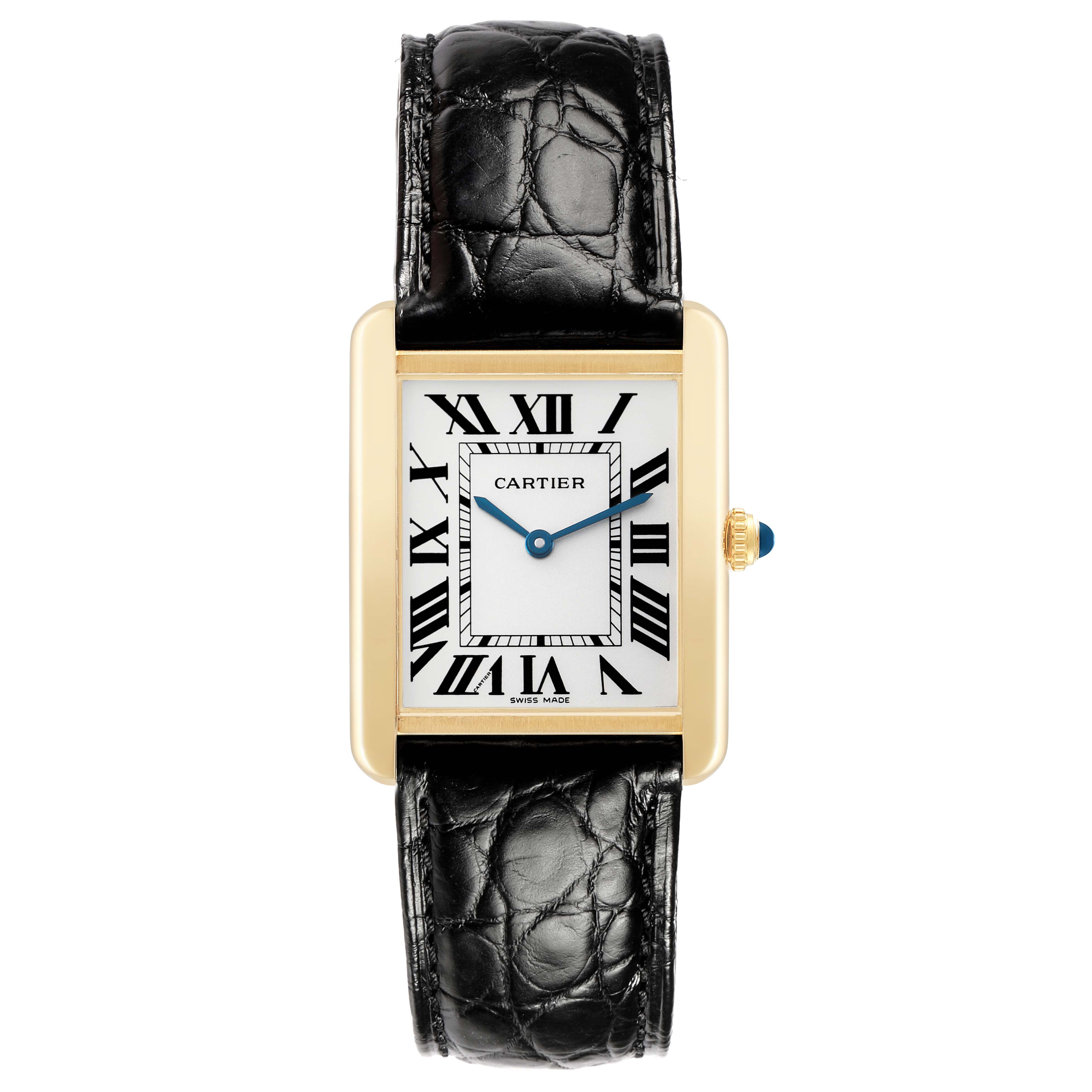 The Cartier Tank Solo W5200004 Men's Steel and Gold (two tone) Silver Dial watch is shown from the front, displaying its rectangular face, Roman numerals, gold casing, and black strap.