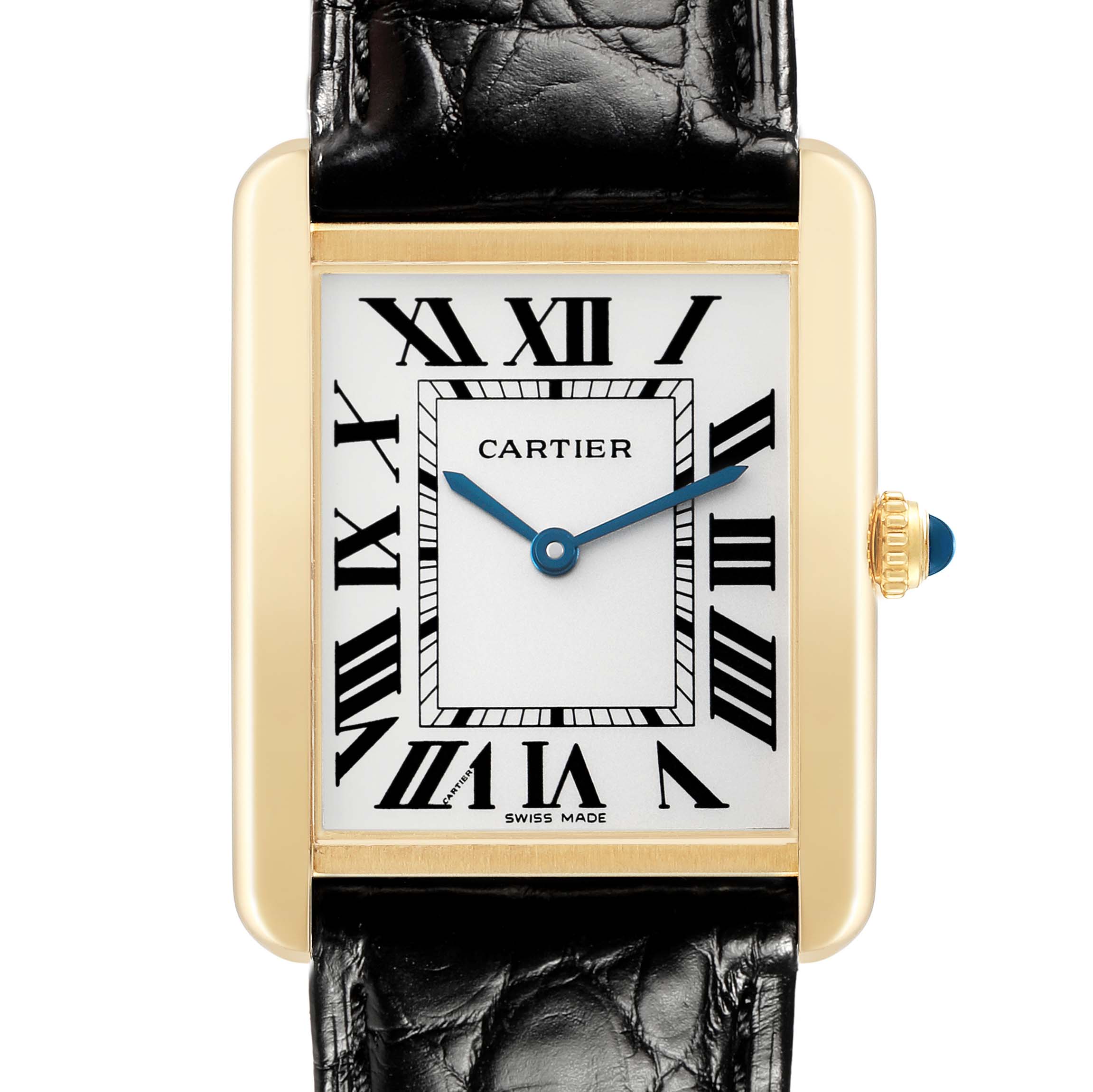 The Cartier Tank Solo W5200004 Men's Steel and Gold (two tone) Silver Dial watch is shown from the front, highlighting the dial, Roman numerals, and crown with a blue cabochon.