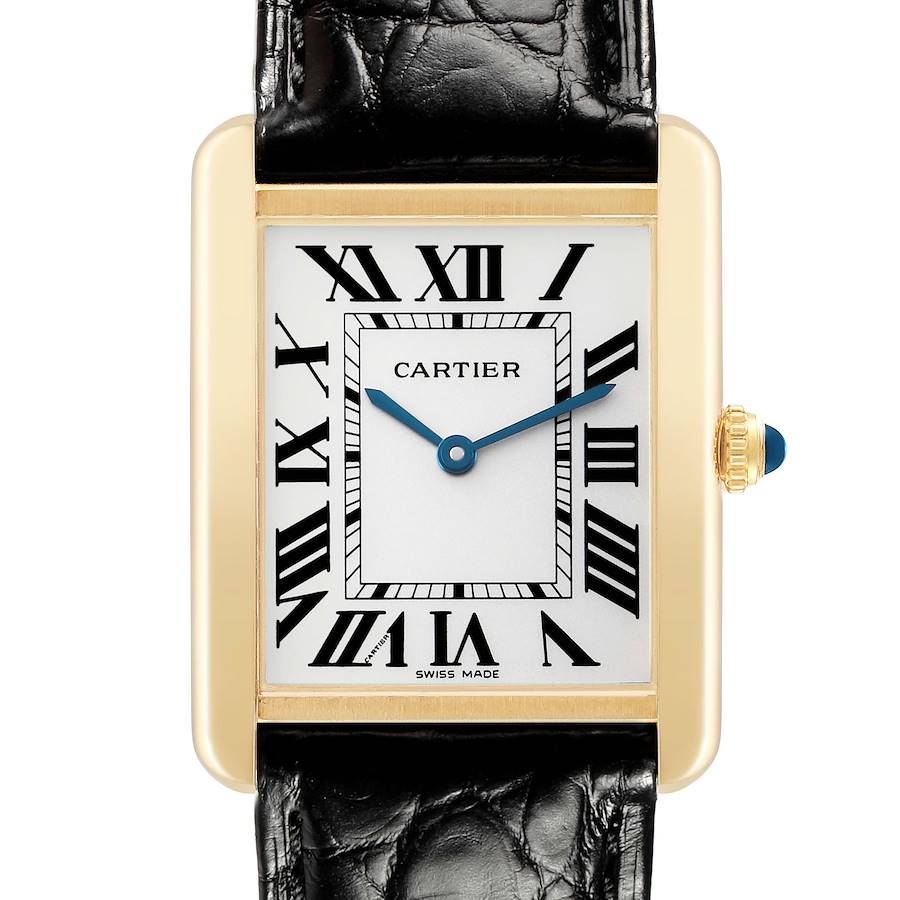 The Cartier Tank Solo W5200004 Men's Steel and Gold (two tone) Silver Dial watch is shown from the front, highlighting the dial, Roman numerals, and crown with a blue cabochon.