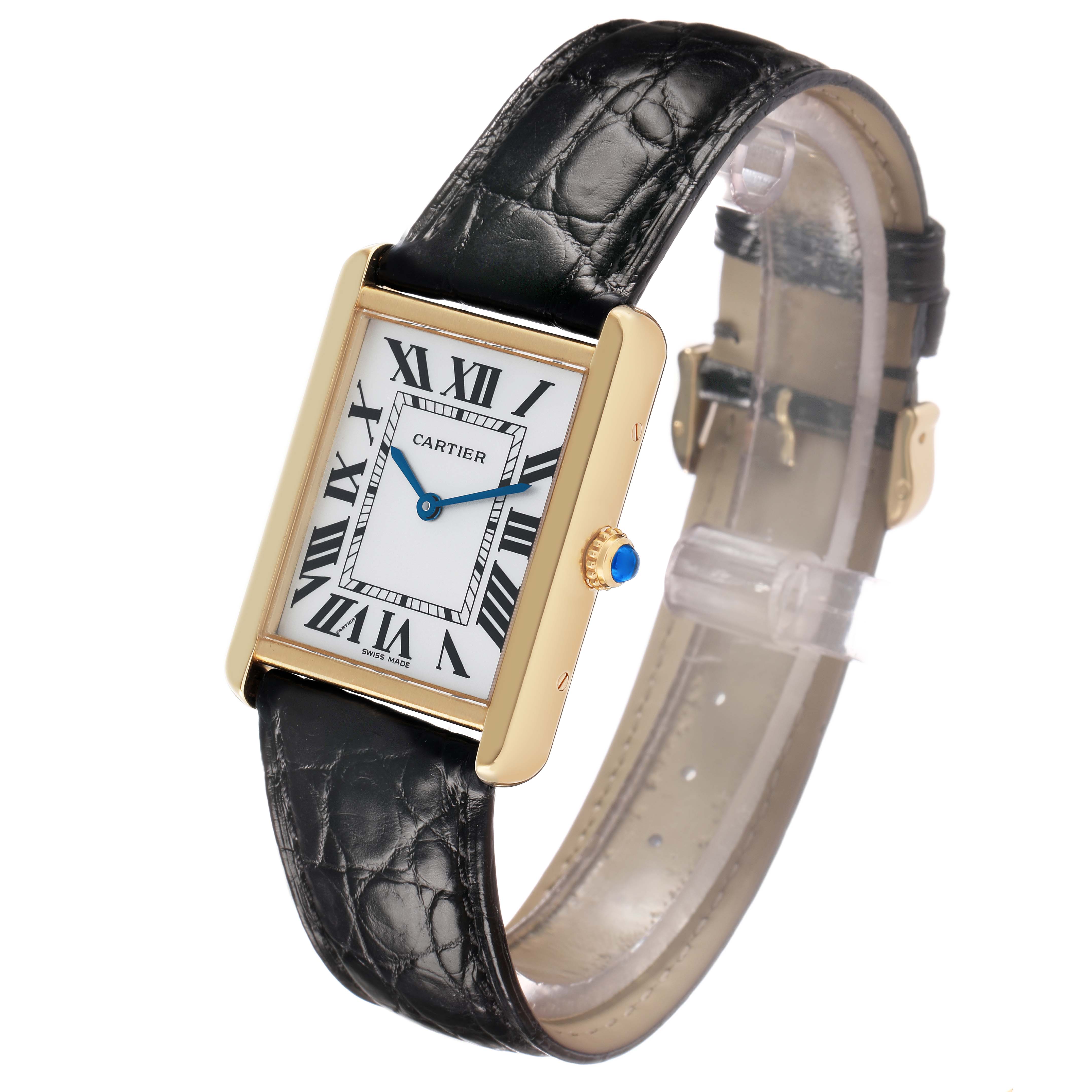 The Cartier Tank Solo W5200004 Men's Steel and Gold (two tone) Silver Dial watch is shown at an angle highlighting its face, crown, and leather strap.