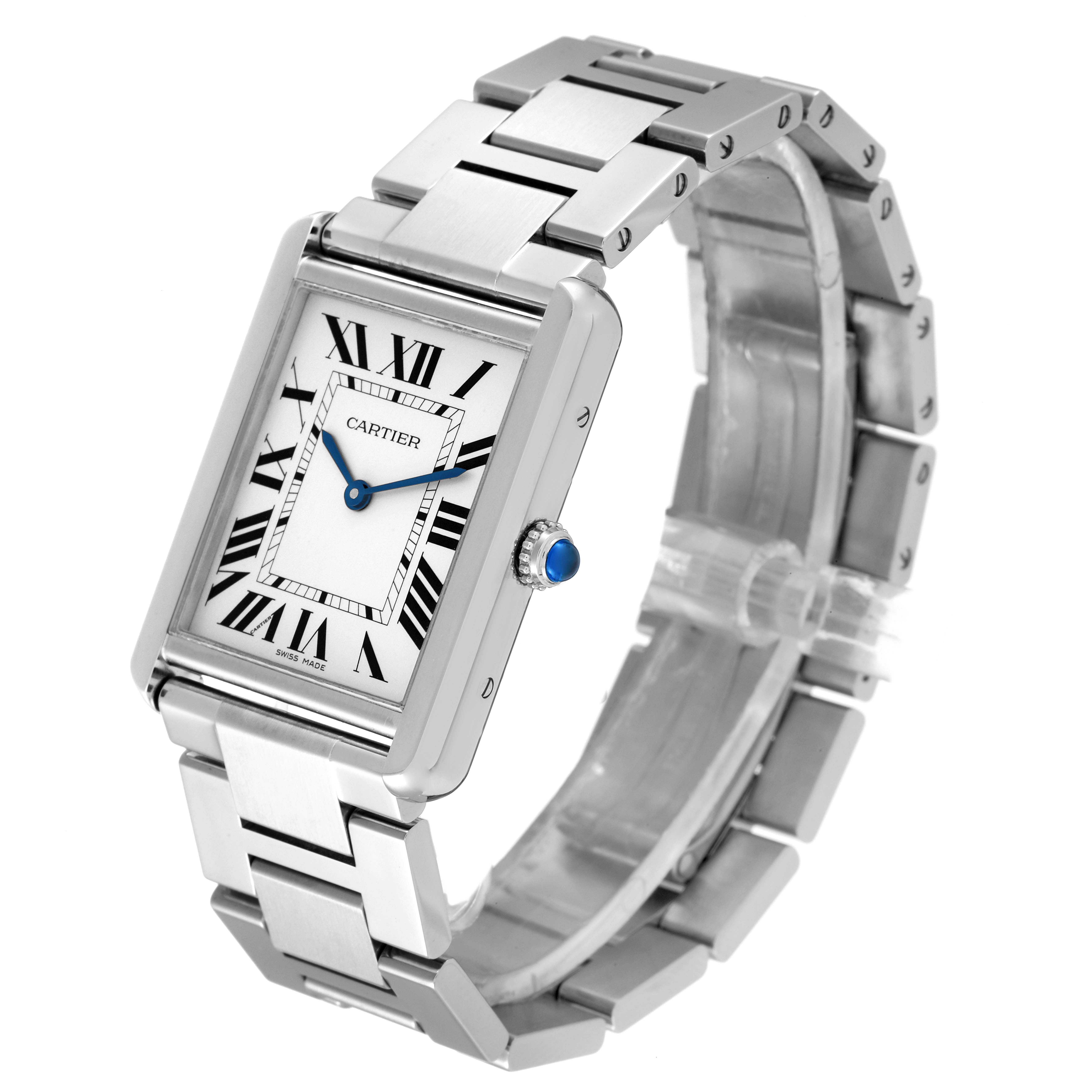 The image shows a Cartier Tank Solo W5200014 Men
s Stainless Steel Silver Dial W5200014 Men
s Stainless Steel Silver Dial model watch angled to display its face and stainless steel bracelet.