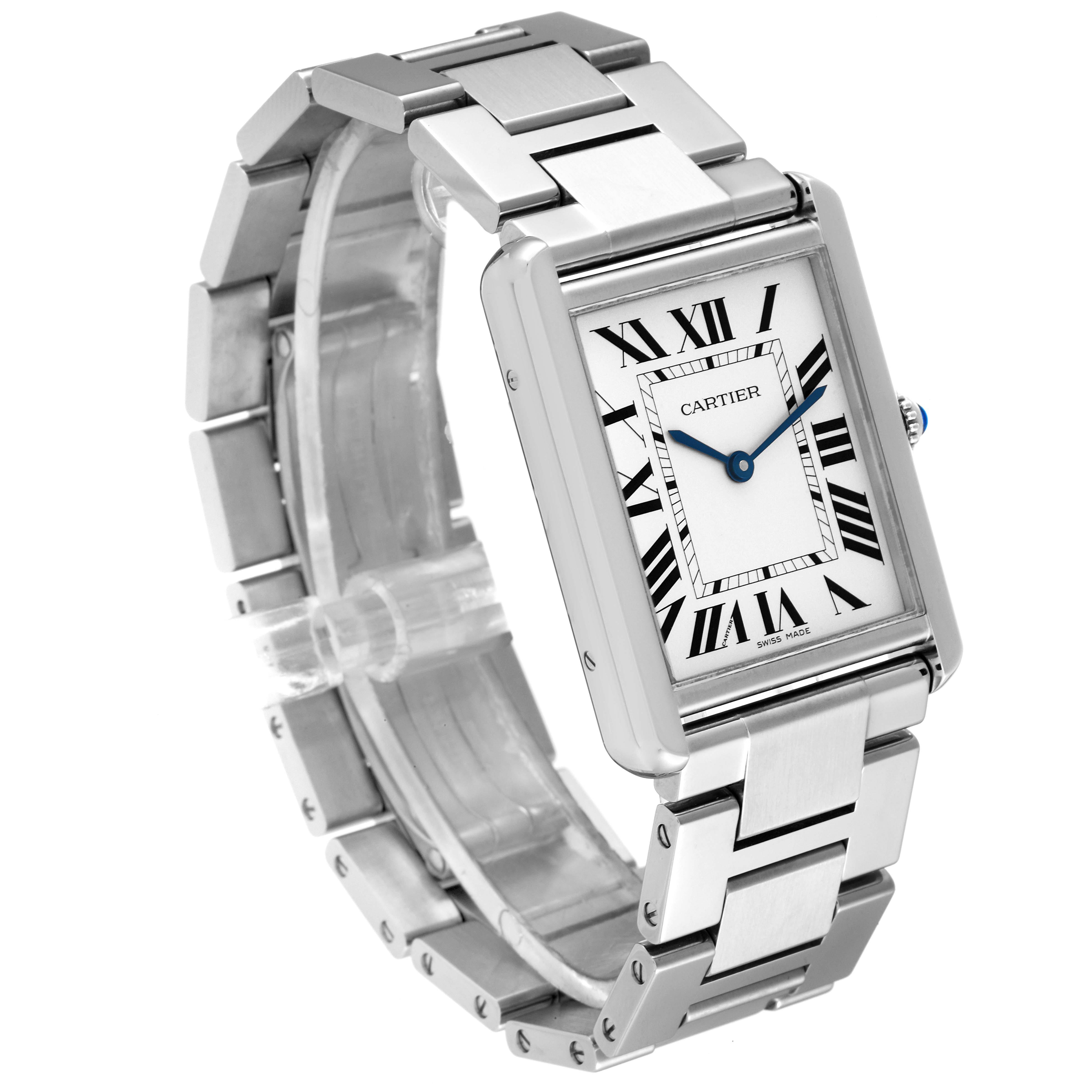 The image shows a Cartier Tank Solo W5200014 Men
s Stainless Steel Silver Dial W5200014 Men
s Stainless Steel Silver Dial watch from an oblique angle, highlighting its face, bracelet, and crown.