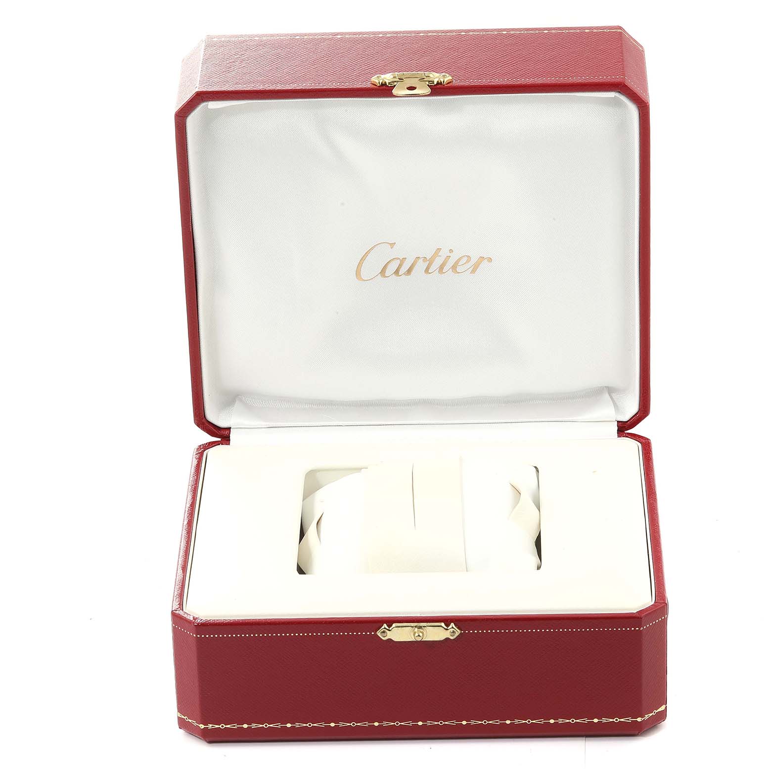The image shows an open Cartier box for the Tank Solo model, displaying the interior and cushion for the watch.