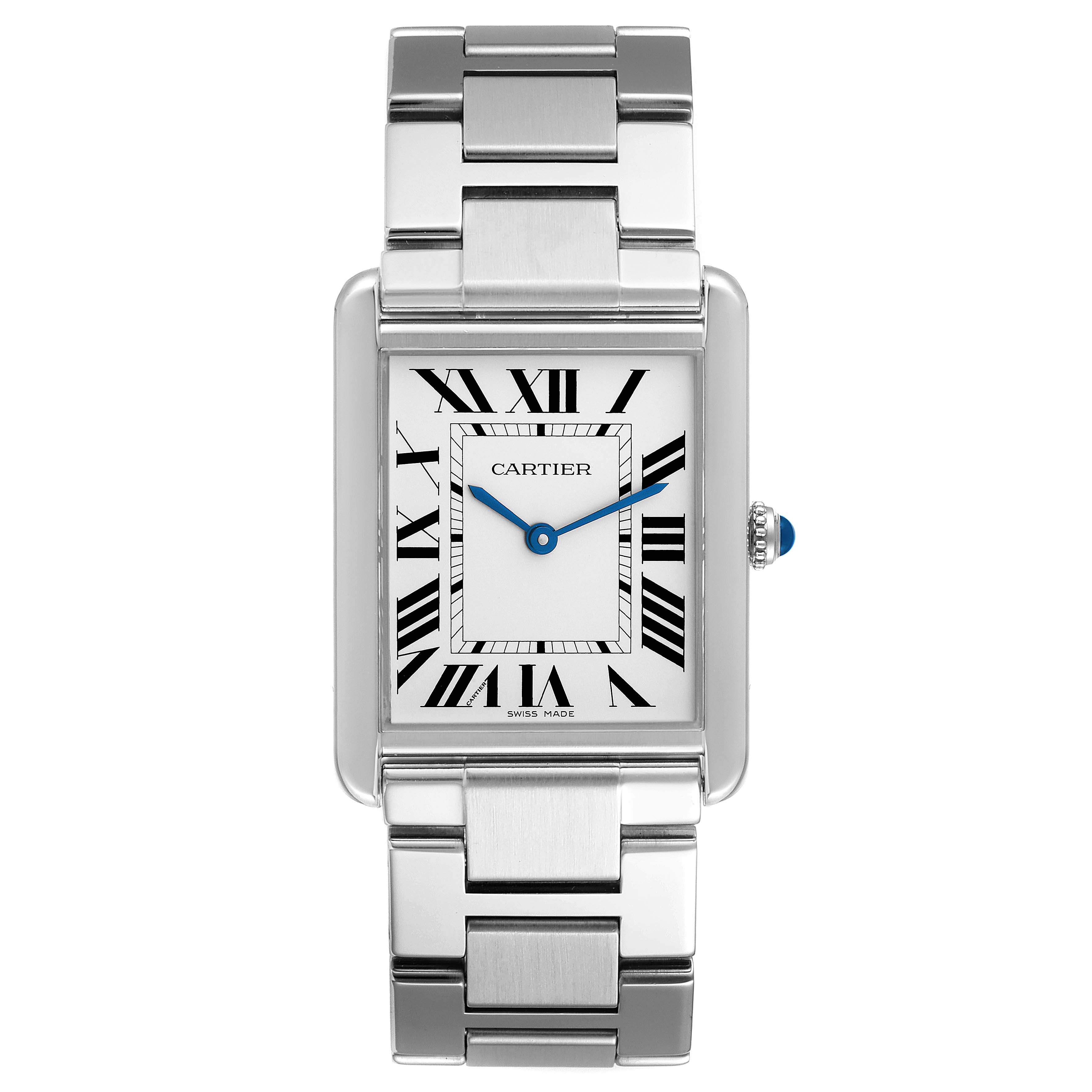 The image shows a Cartier Tank Solo W5200014 Men
s Stainless Steel Silver Dial W5200014 Men
s Stainless Steel Silver Dial watch from a top-down angle, highlighting the face, bracelet, and crown.