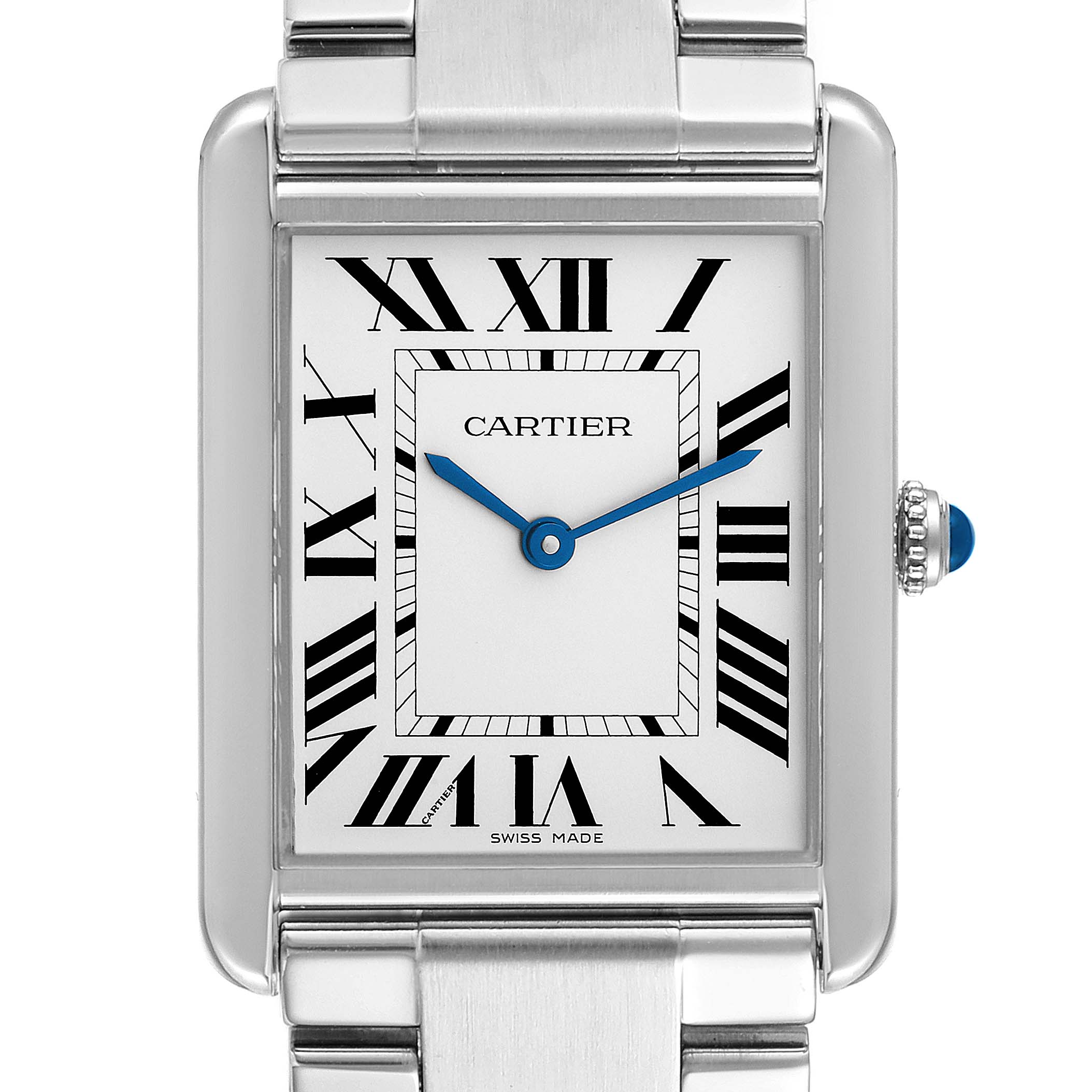 This image shows the face and part of the bracelet of the Cartier Tank Solo W5200014 Men
s Stainless Steel Silver Dial W5200014 Men
s Stainless Steel Silver Dial watch.