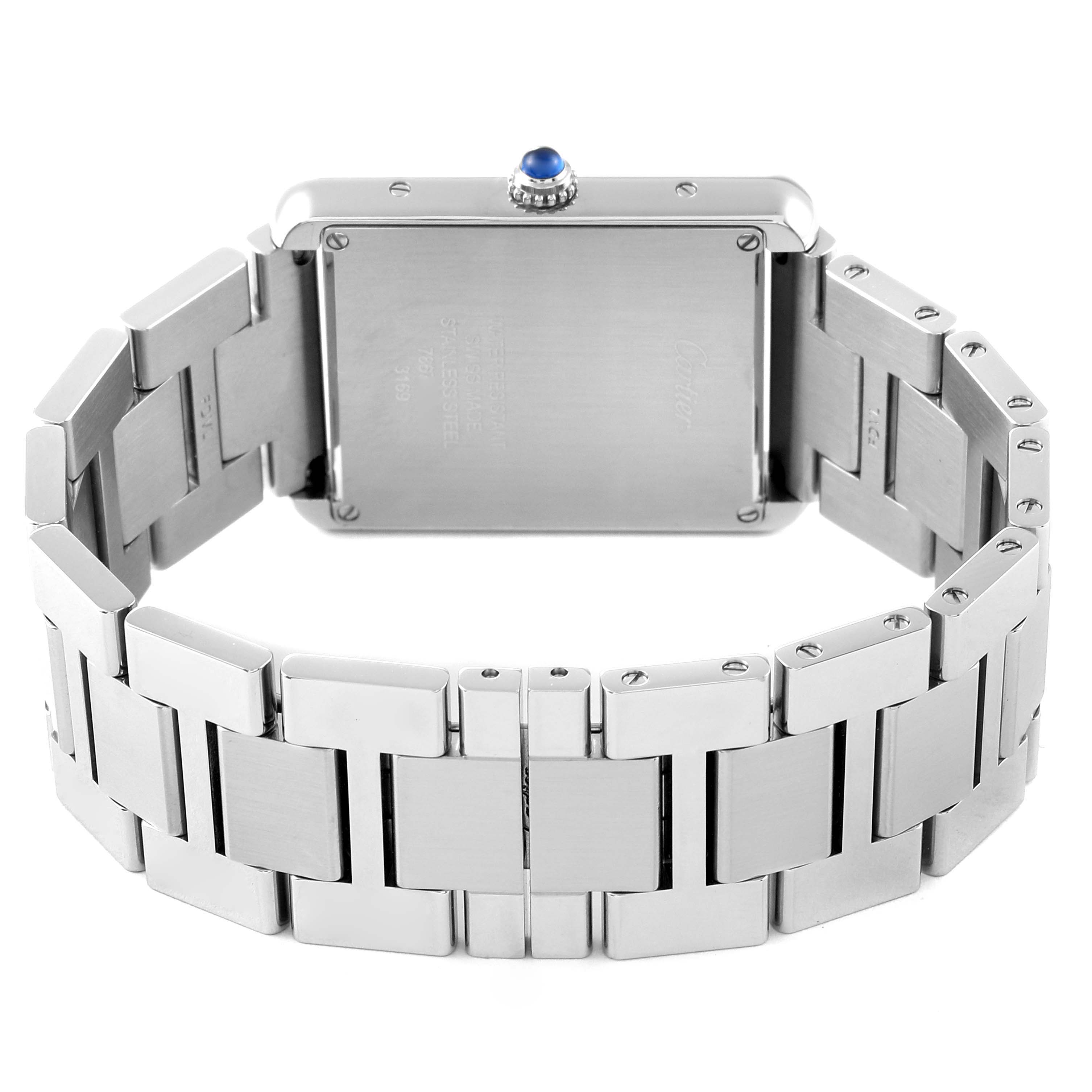 The image shows the back side and metal bracelet of a Cartier Tank Solo W5200014 Men
s Stainless Steel Silver Dial W5200014 Men
s Stainless Steel Silver Dial watch, highlighting the case back and bracelet details.
