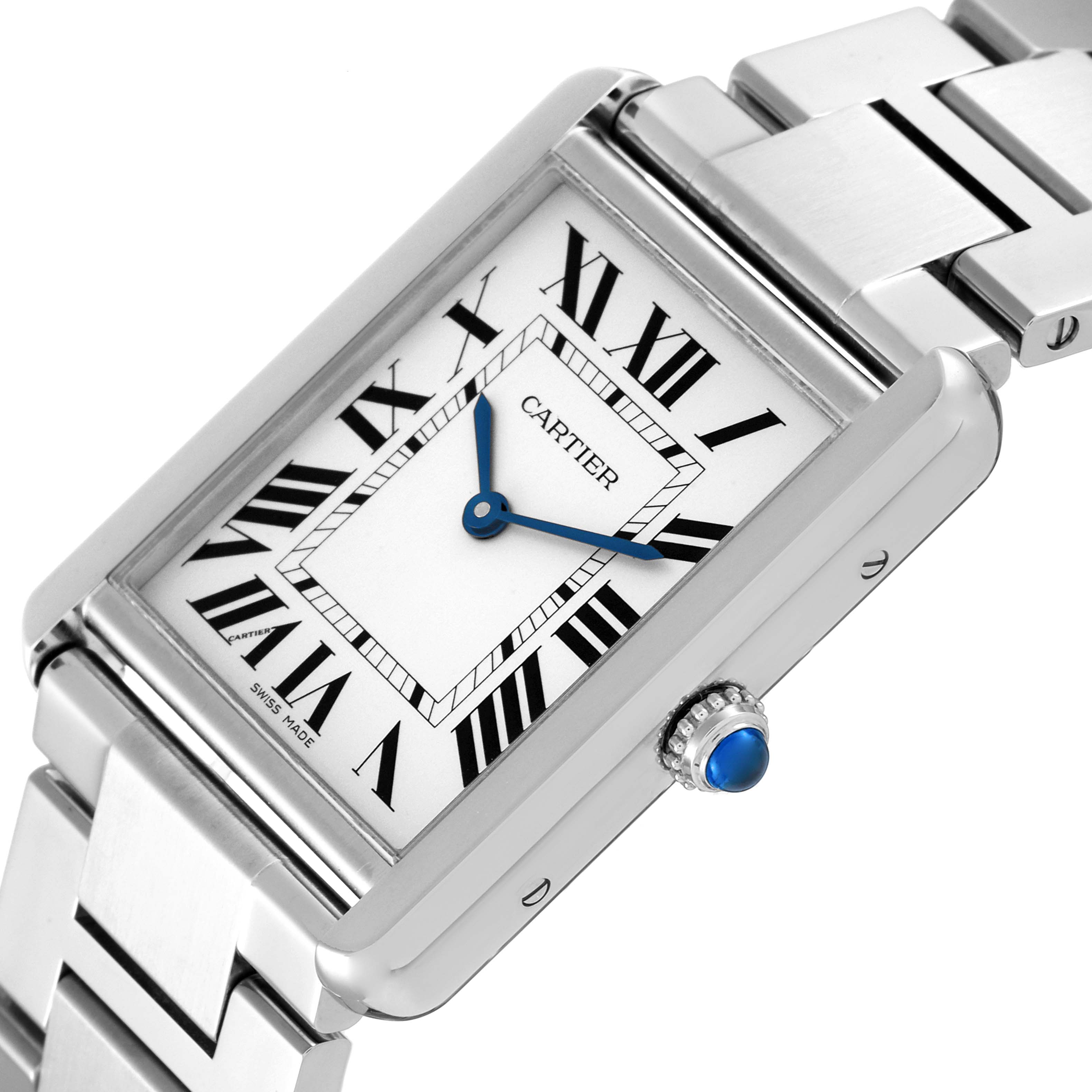The image showcases a Cartier Tank Solo W5200014 Men
s Stainless Steel Silver Dial W5200014 Men
s Stainless Steel Silver Dial watch at an angled close-up, highlighting its face, blue hands, Roman numerals, and metal bracelet.