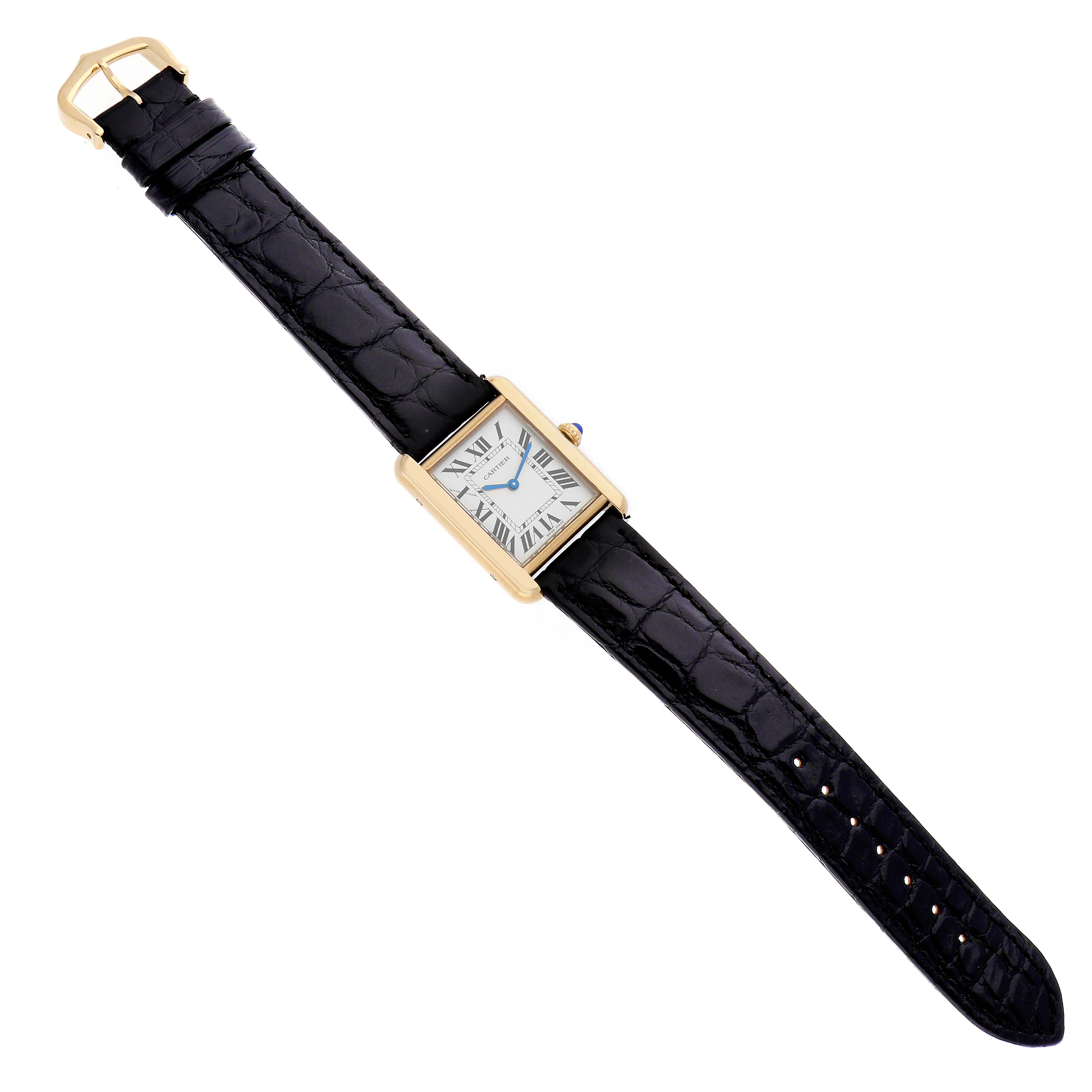 The Cartier Tank Solo W5200002 Women's Steel and Gold (two tone) Silver Dial watch is shown from a top view, displaying the rectangular face, crown, and full leather strap.