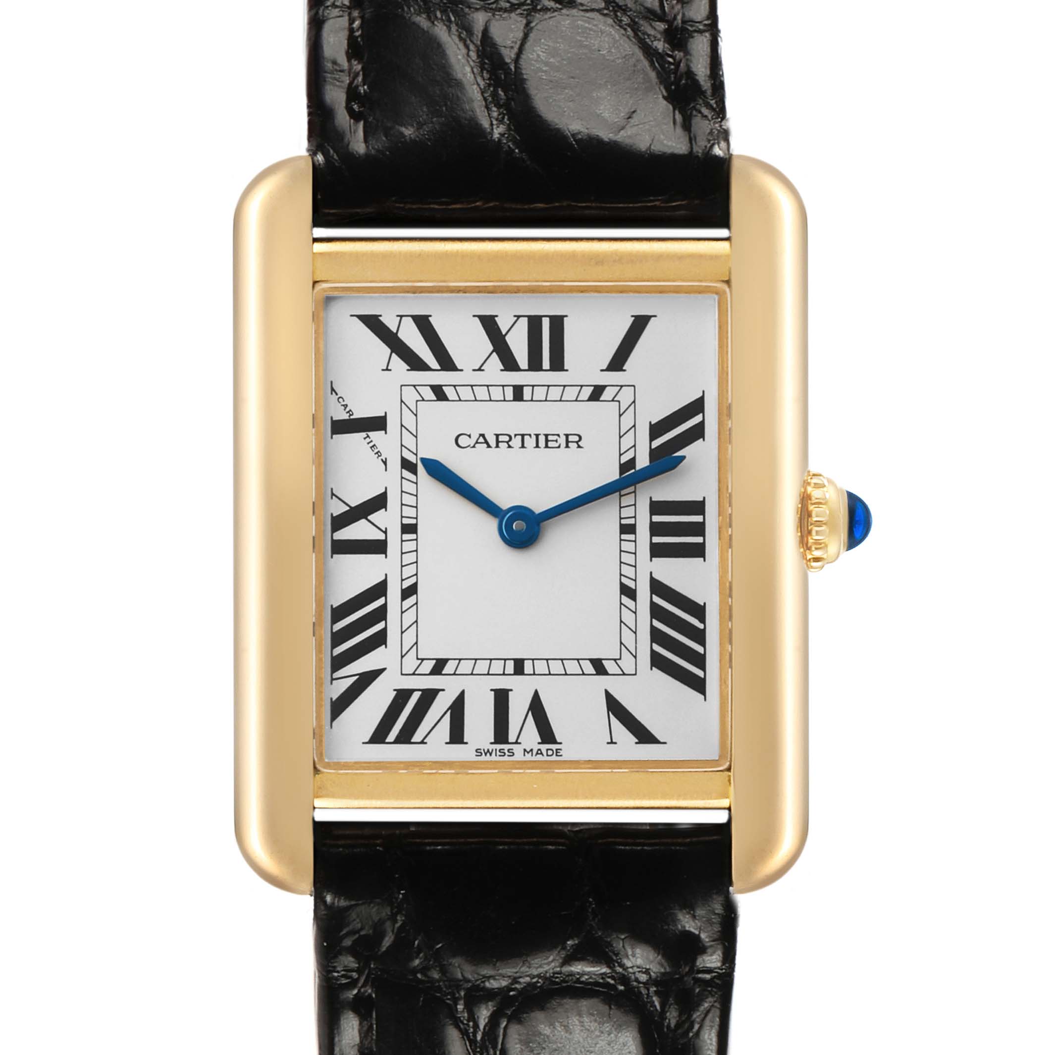 The Cartier Tank Solo W5200002 Women's Steel and Gold (two tone) Silver Dial is shown from the front, highlighting the rectangular face, Roman numerals, gold bezel, and black leather strap.