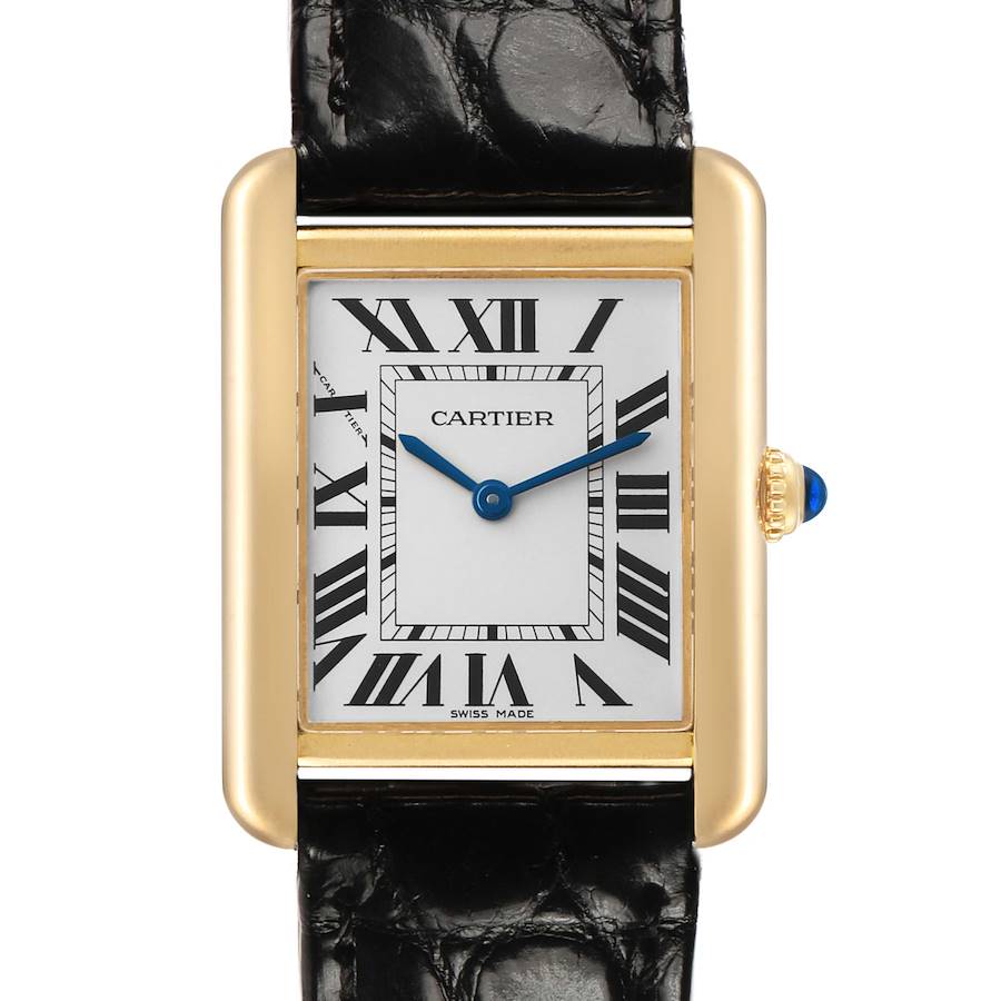 The Cartier Tank Solo W5200002 Women's Steel and Gold (two tone) Silver Dial is shown from the front, highlighting the rectangular face, Roman numerals, gold bezel, and black leather strap.