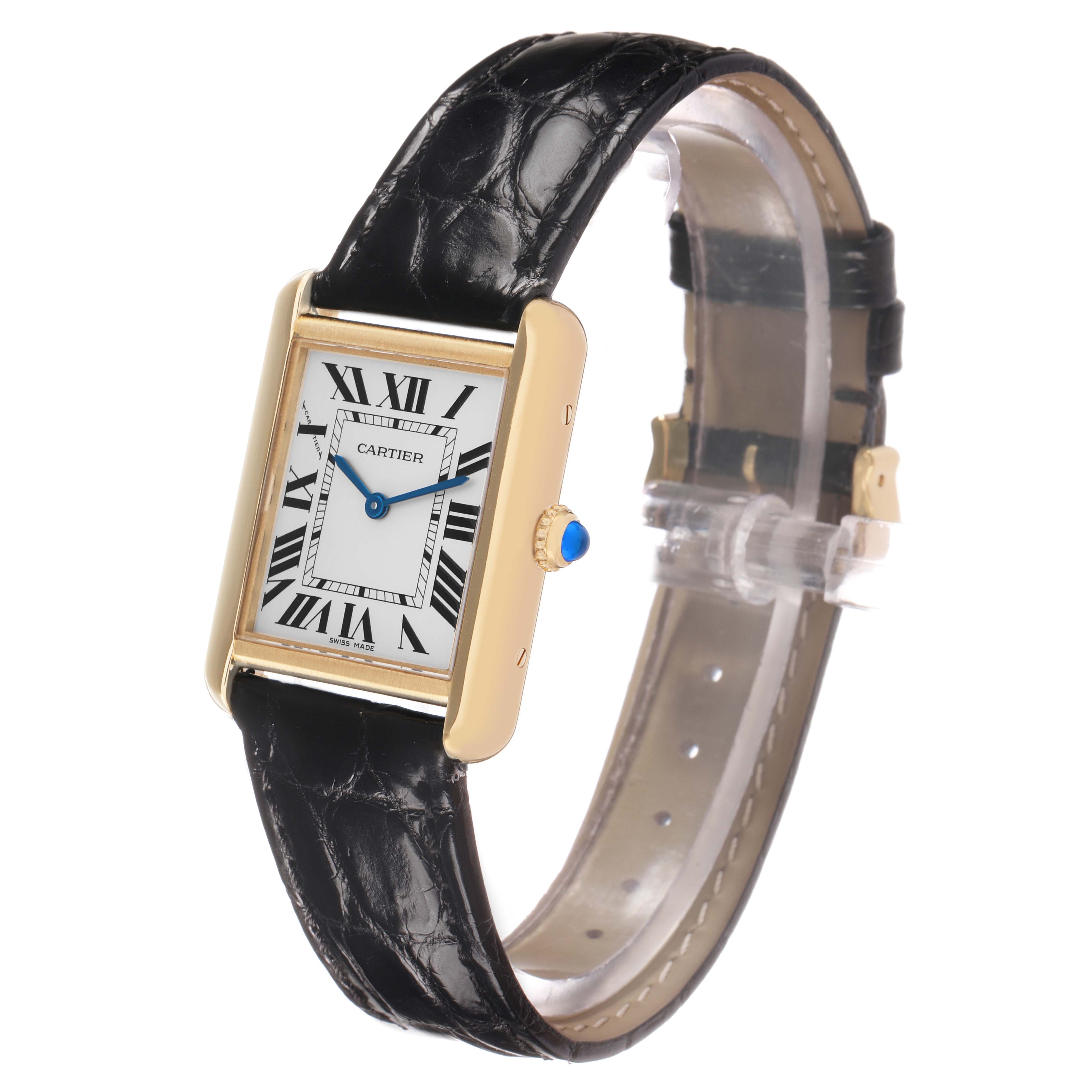 The Cartier Tank Solo W5200002 Women's Steel and Gold (two tone) Silver Dial watch is shown at a side angle, highlighting its rectangular face, blue hands, and leather strap.