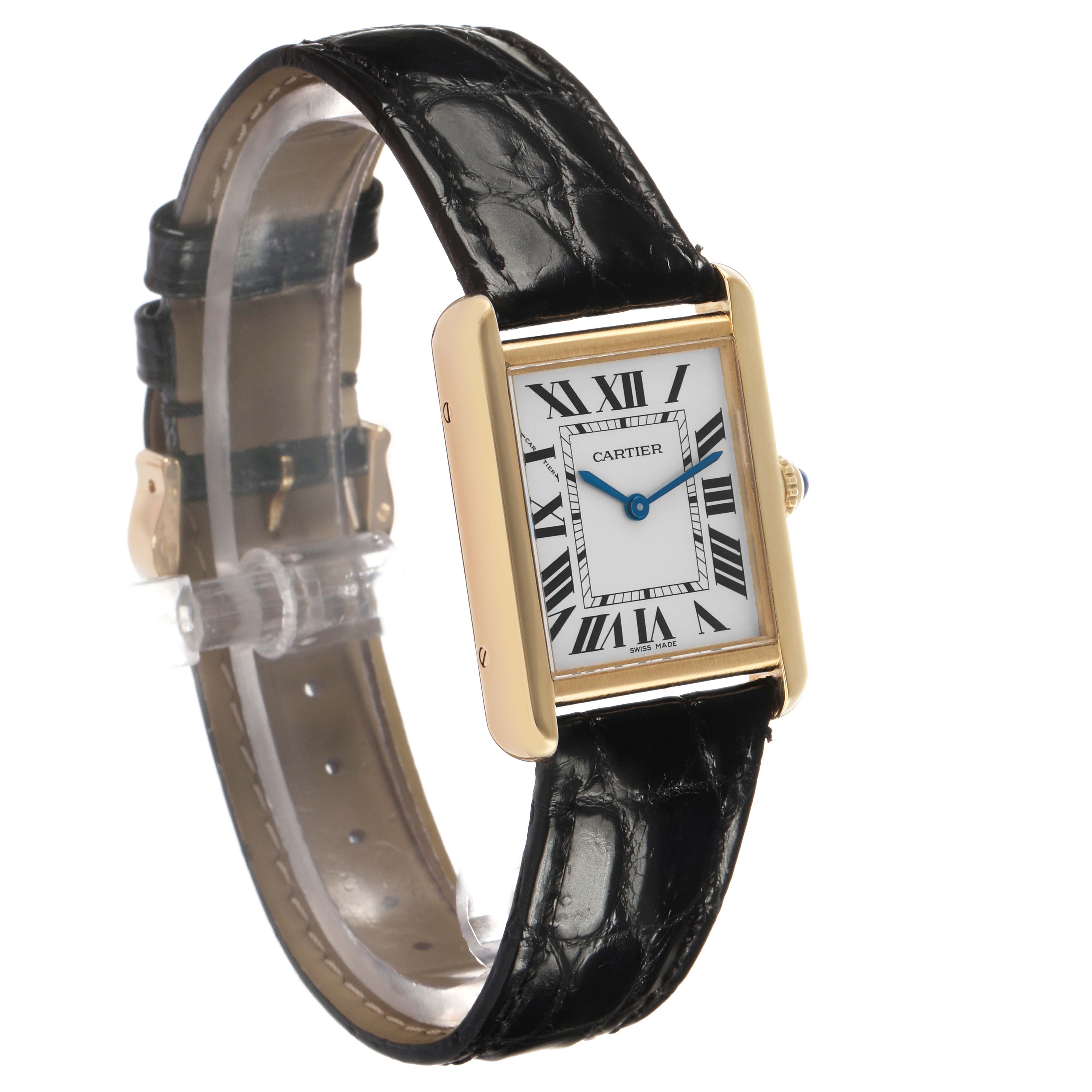 The Cartier Tank Solo W5200002 Women's Steel and Gold (two tone) Silver Dial watch is shown at a front-left angle, displaying its face, Roman numerals, and black leather strap.